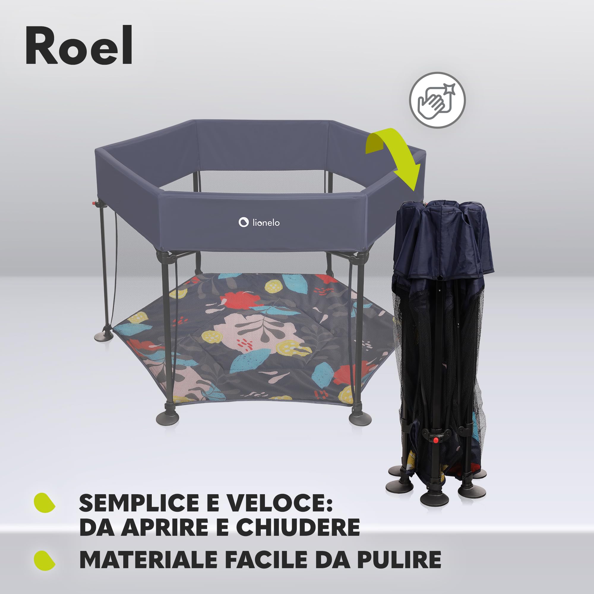 LIONELO Roel box bambini da 6 mesi fino a 15kg forma esagonale grandi dimensioni 135 x 118 x 83 cm Blocco di piegatura LockGuard, le pareti trasparenti, Gambe antiscivolo, Piegatura facile, Borsa