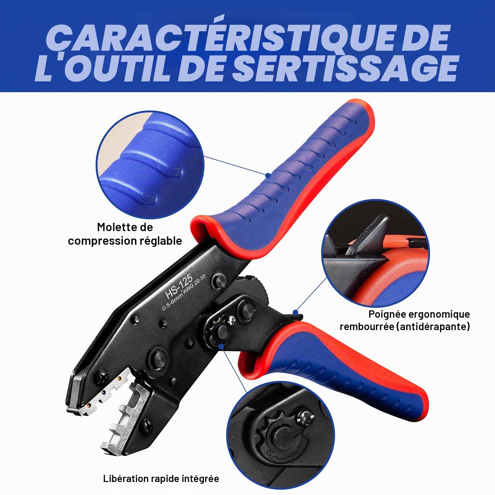 Pince à Sertir Kit, pince à cliquet pour gaines thermorétractables, nylon isolé, non isolé, embouts à bague, cosses à corps ouvert, connecteurs solaires - avec 6 matrices interchangeables