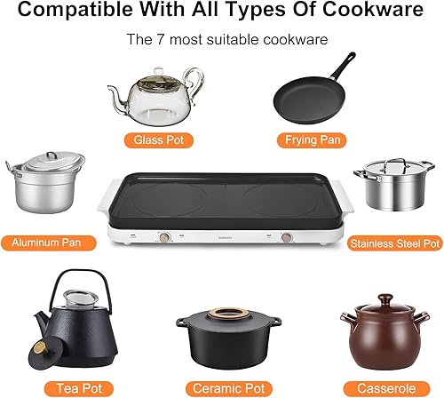 Miniatura 2 de AEWHALE Quemadores dobles para encimera con sartén extraíble antiadherente, placa caliente eléctrica de 1800 W, temperatura ajustable