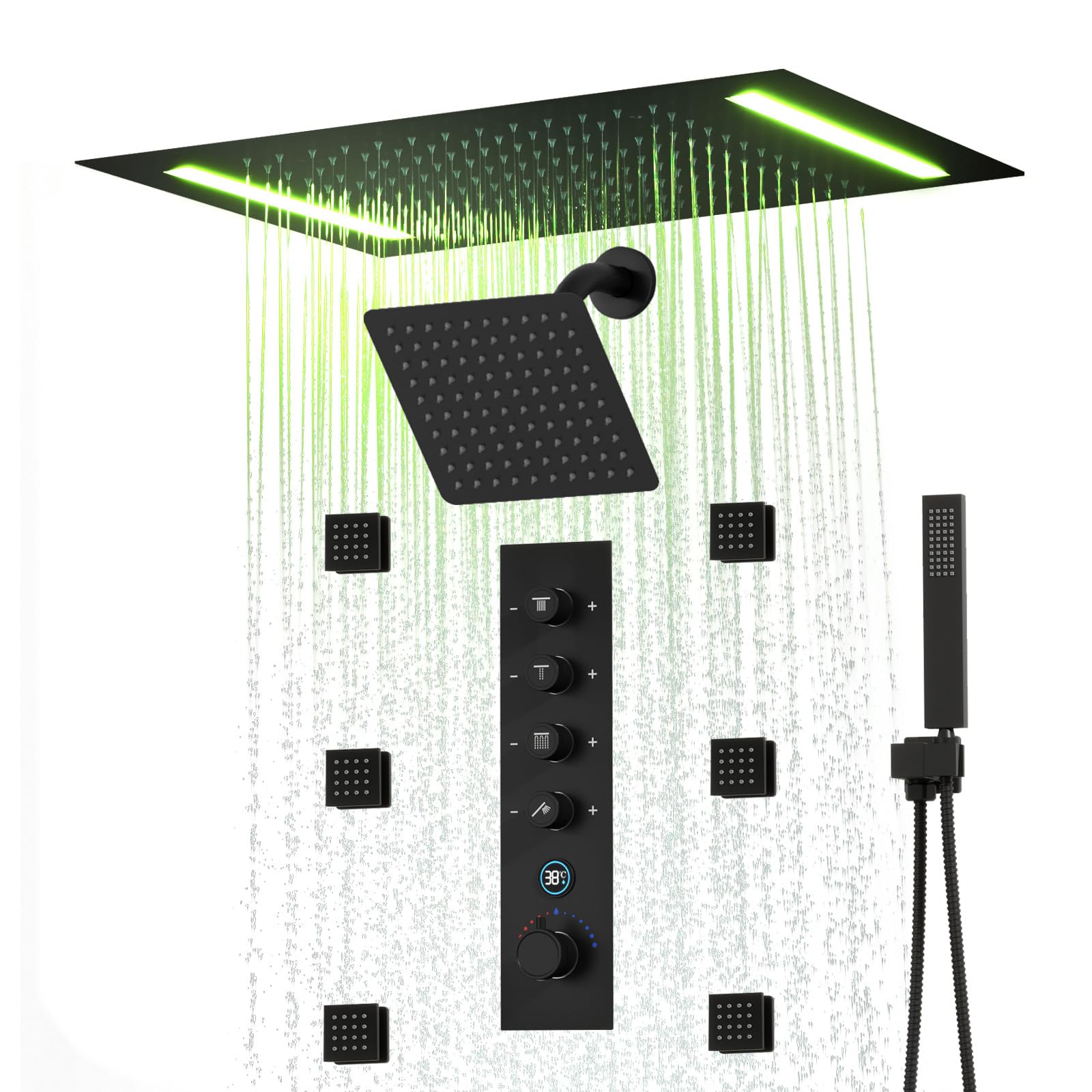 XJTNLB Columna de Ducha con Termostato Negro Digital Duchas de Baño Empotrados Alcachofa de Ducha con Luz Led y Manguera