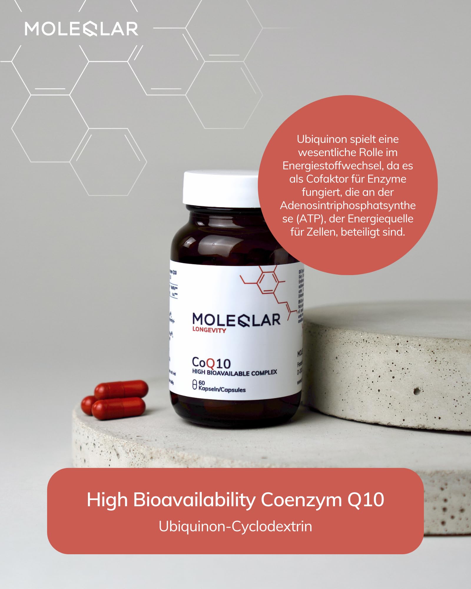 MoleQlar Coenzym Q10 Kapseln 60 Stück - 100 mg Ubiquinon aus Q10 Cyclodextrin - Markenrohstoff CavaQ10 - Monatsvorrat (30 Portionen) - laborgeprüft in DE