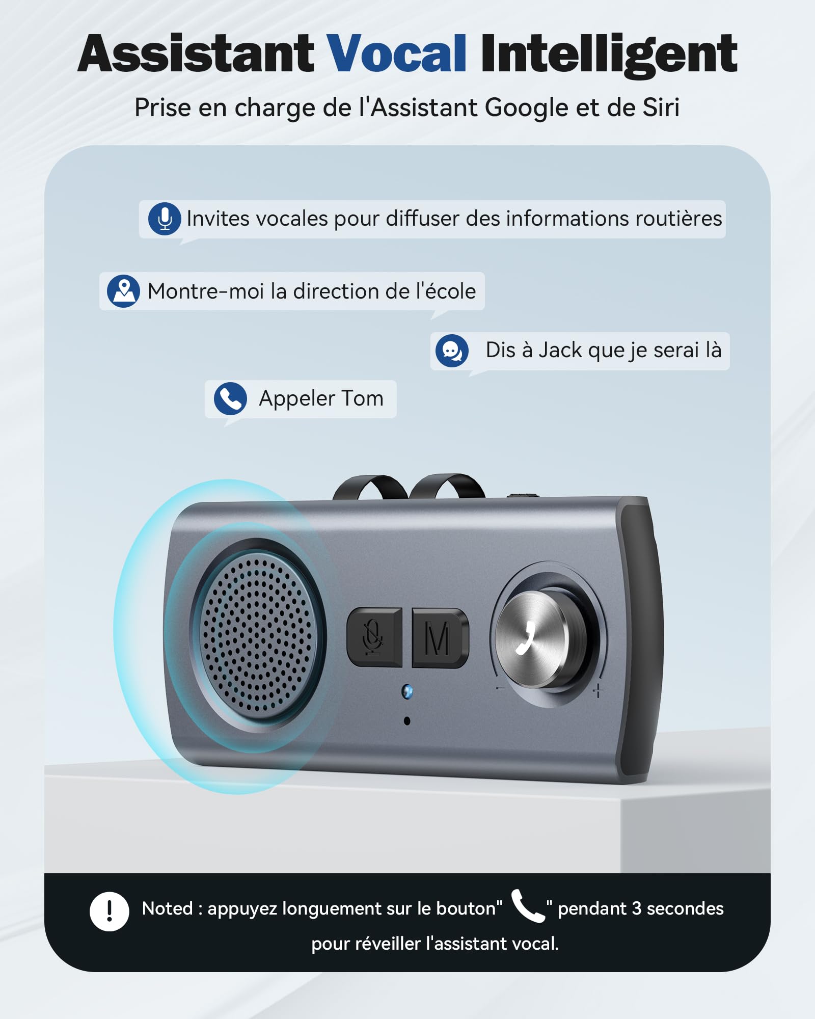 AGPTEK Kit Main Libre Voiture Bluetooth 5.3, GPS Haut-Parleur Micro Musique avec Bouton de Volume Assistant Siri&Google Auto Reconnexion, Enceinte Voiture Pare-Soleil 800mAh Slot Carte TF