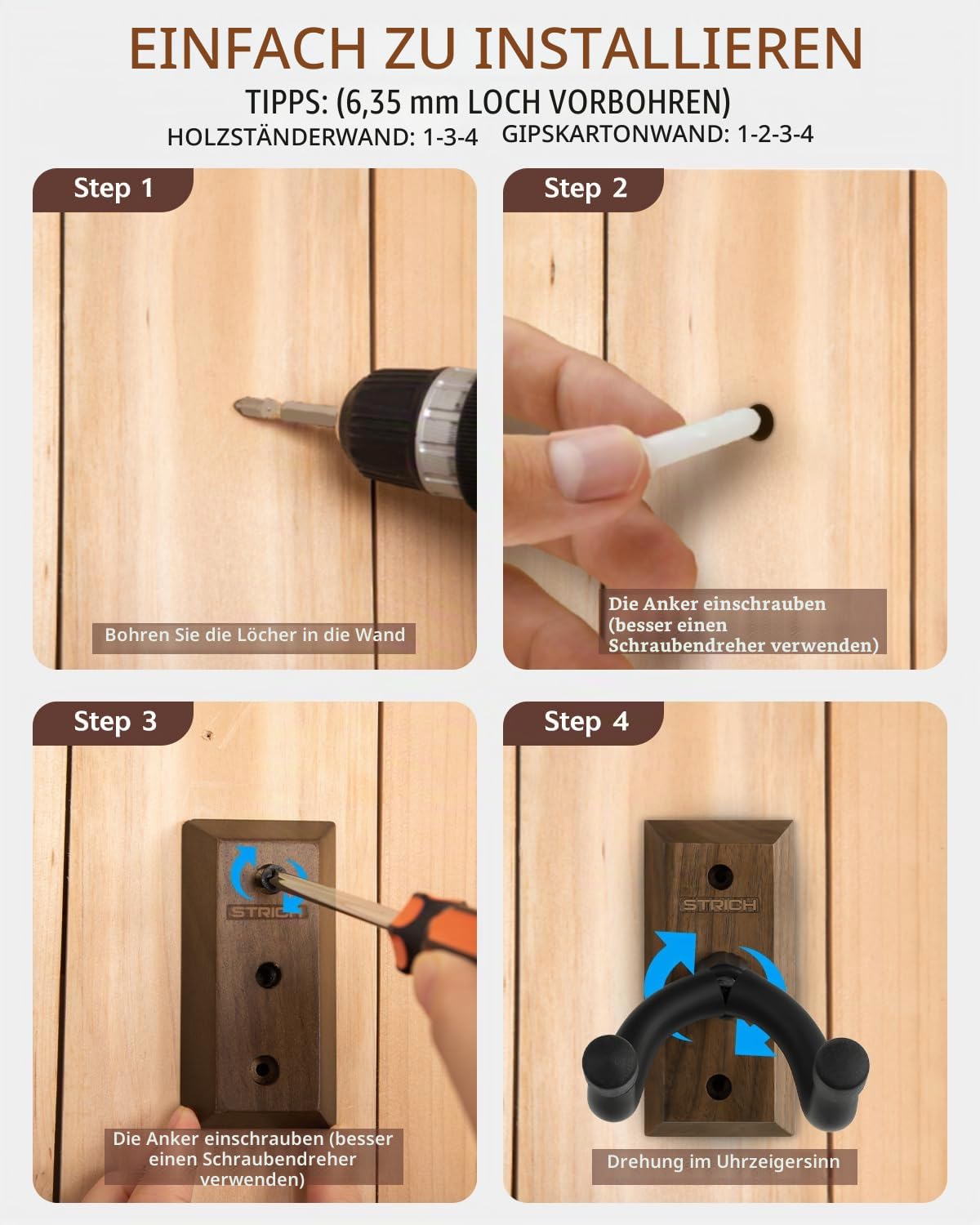 STRICH Gitarren-Wandhalterung, Walnuss-Holz-Gitarrenhaken, U-förmige Gitarren-Wandhalterung mit Schrauben, Gitarrenhalter-Wandhaken für Akustikgitarre, E-Gitarre, Banjo, Bass (3er-Pack)