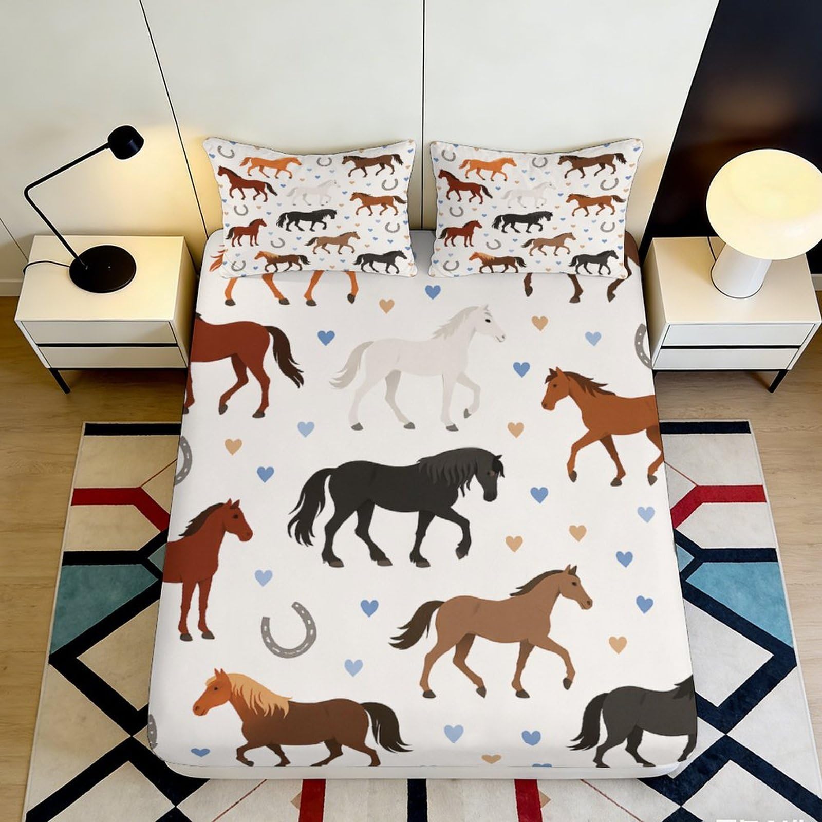 3D Printed Horse Pattern Fitted Sheet Microfiber Deep Pocket Non-Slip Bedroom Bedding Horse Mattress Fitted Cover Washable for Adults Teens 180x200x25cm