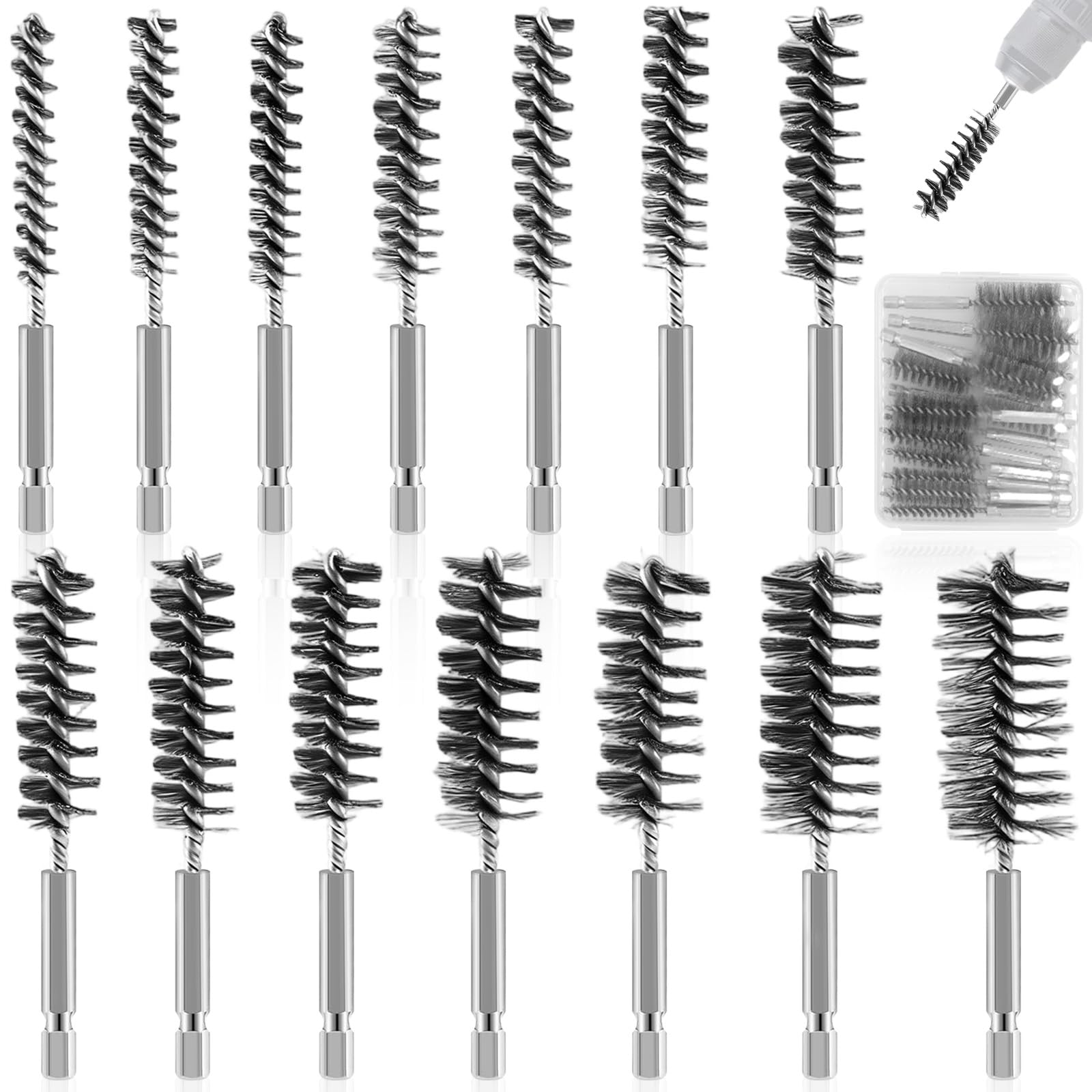 14Pcs Wire Drill Brushes with Hexagonal Bar & Storage Box, Cylindrical Brush 1/4 Inch 8-25 mm, Cleaning Brush Perforated Tubes Stainless Steel Metal Handles for Machinery, Puli