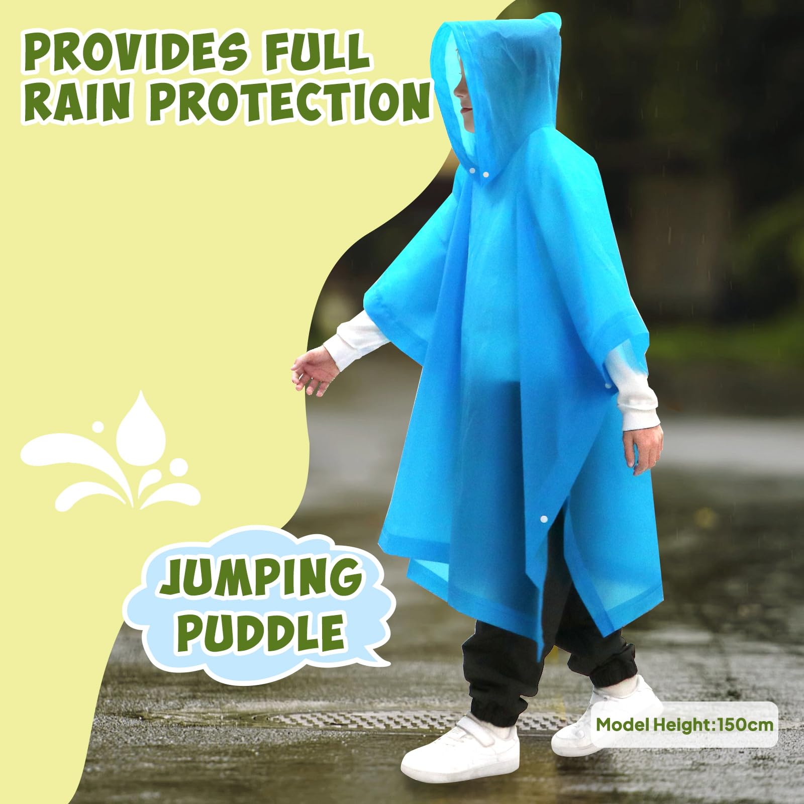 ANYOO Poncho de lluvia impermeable para niños y niñas, paquete de 2 capas de lluvia ligeras de PEVA con capucha grande para niños de altura de 100 a 150 cm