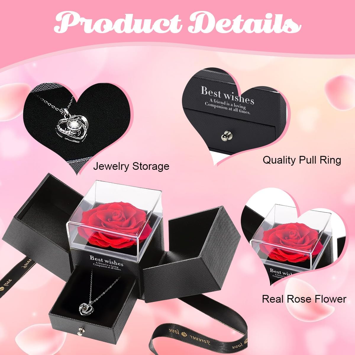 HASTHIP® Eternal Rose Necklace for Women Girls Creative Preserved Rose Flower Necklace Gift for Women Creative 'I Love U' Projection Necklace Gifts for All Ladies on Birthday Christmas Valentines Day