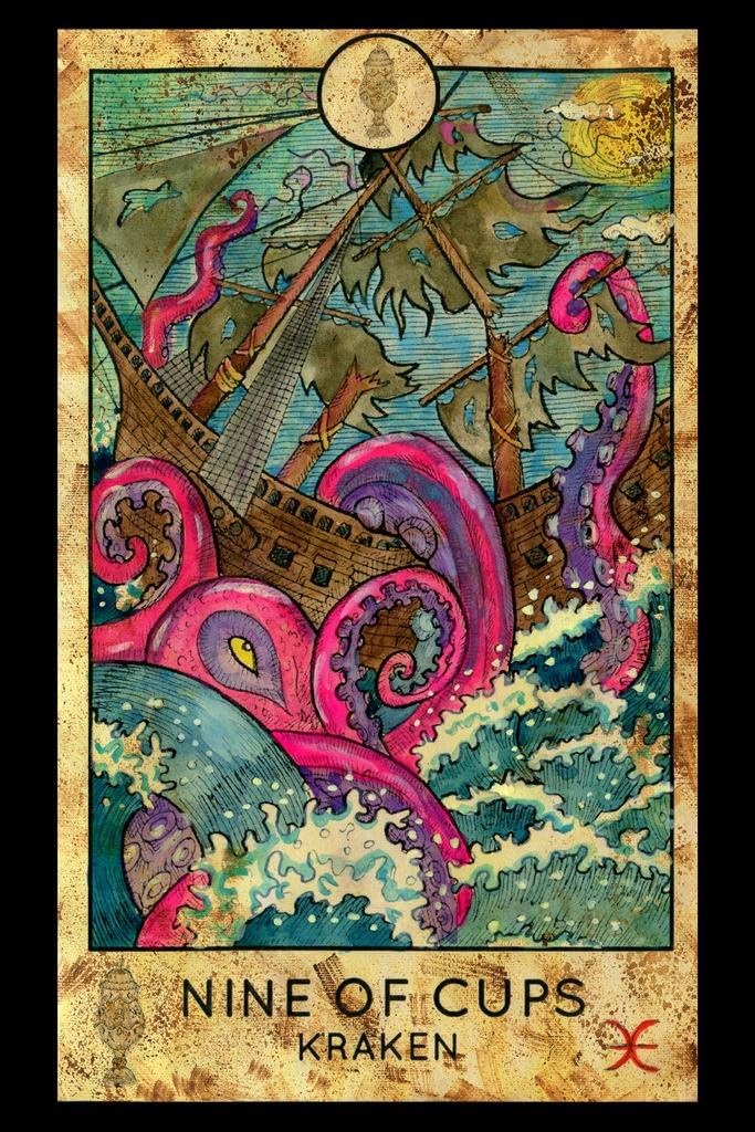 Nine of Cups Kraken Vintage Tarot Card Cool Wall Art Print Poster 24x36