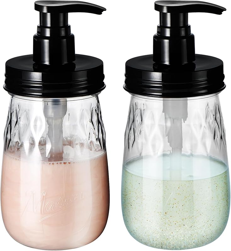 Amolliar Plastic Soap Dispenser with Pump Lid, 16 Oz Kitchen Dish Dispenser | Refillable Bathroom Hand Soap Dispenser Set, Clear Liquid Dispenser with Cute Lables for Farmhouse Shower (2 Pack, Black)