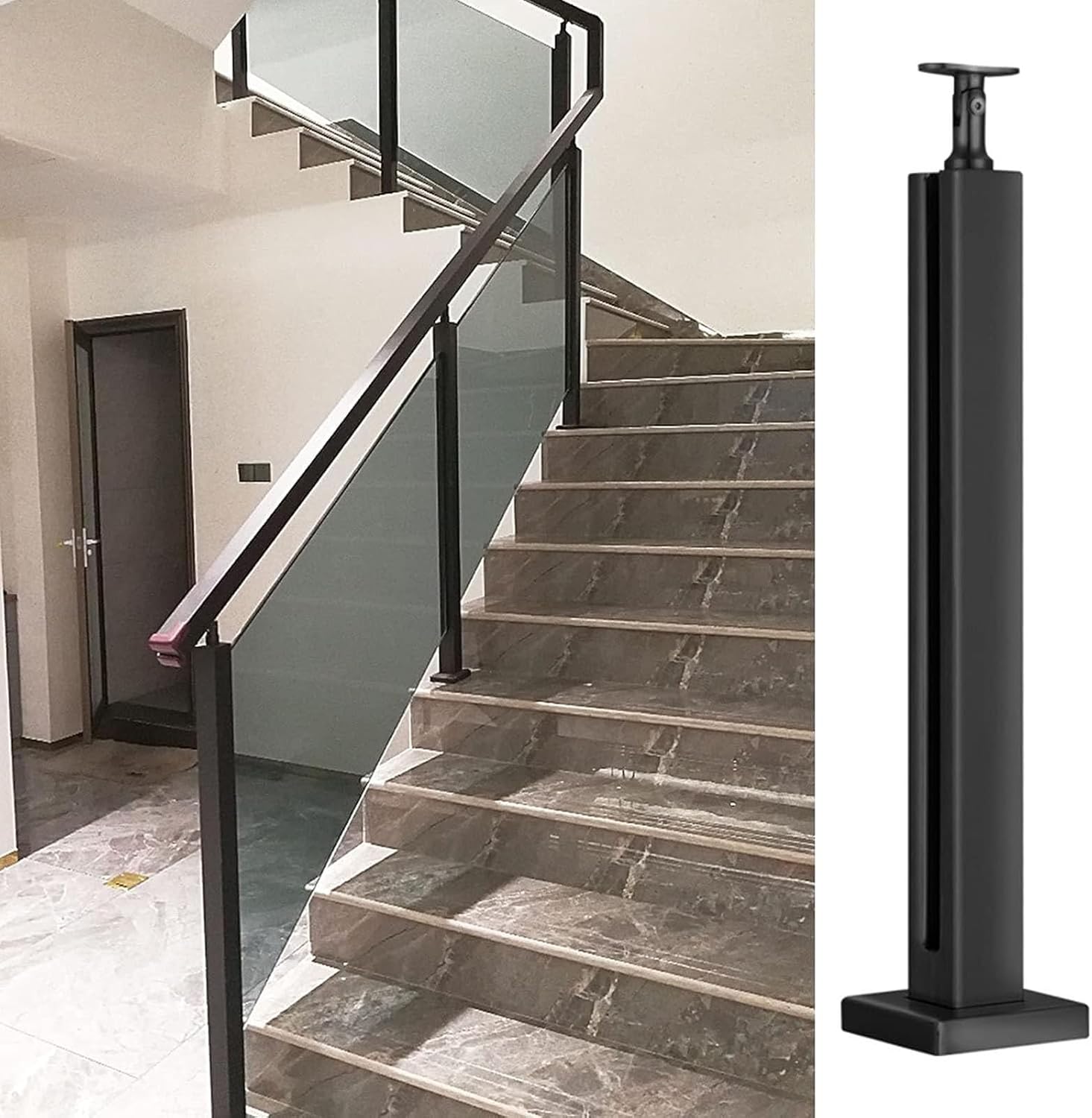 Stainless Steel Black Glass Railing Post for Stairs & Decks - 100cm End Post, Compatible with Wood/Concrete Floors, Handrail Version Available