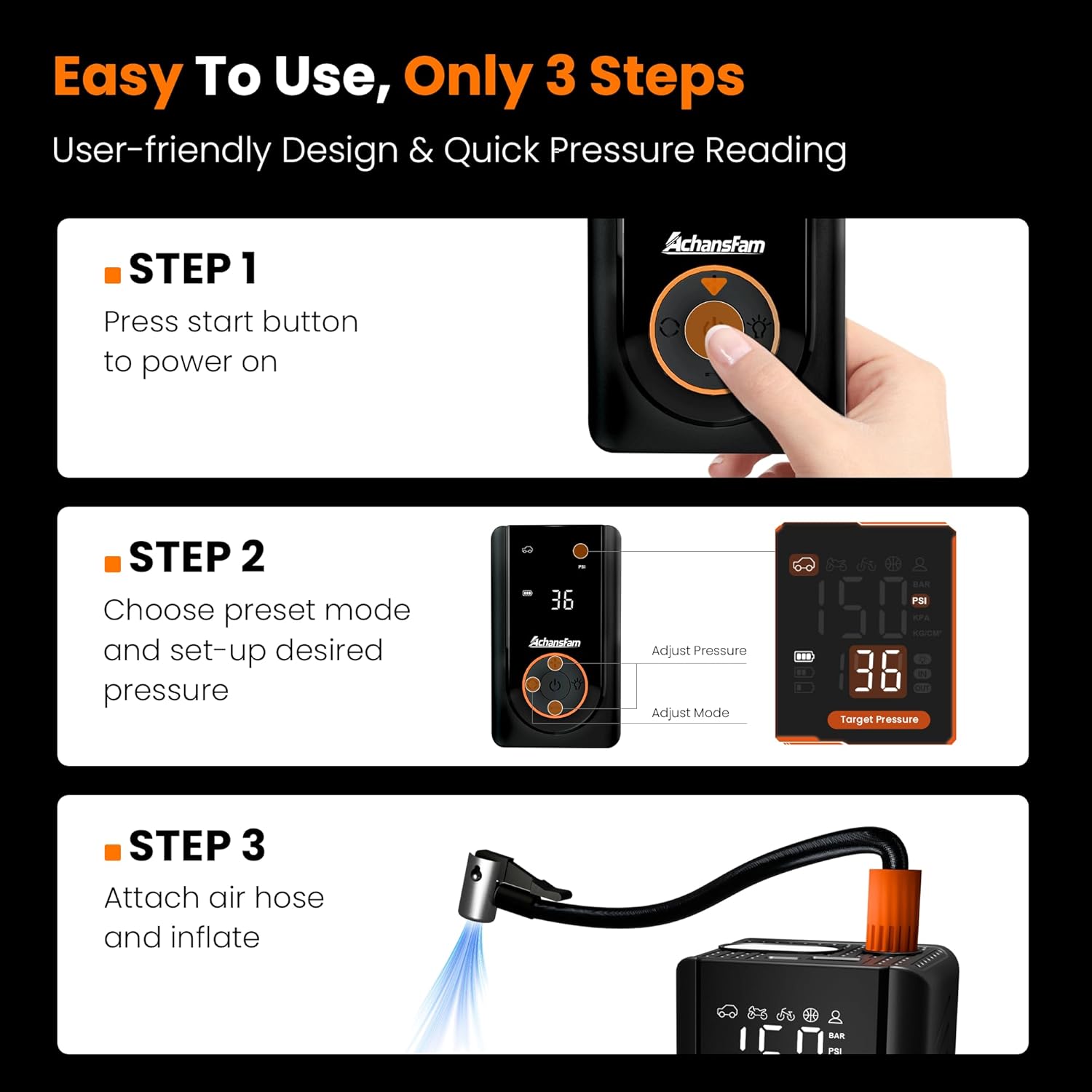 L9 Pro Tire Inflator Portable Air Compressor, 150PSI Cordless Bike Pump, Electric Air Pump with Digital Pressure Gauge, LED Light, Auto Shut-Off, for Motorcycle, Bicycle, Car, Ball - Image 4