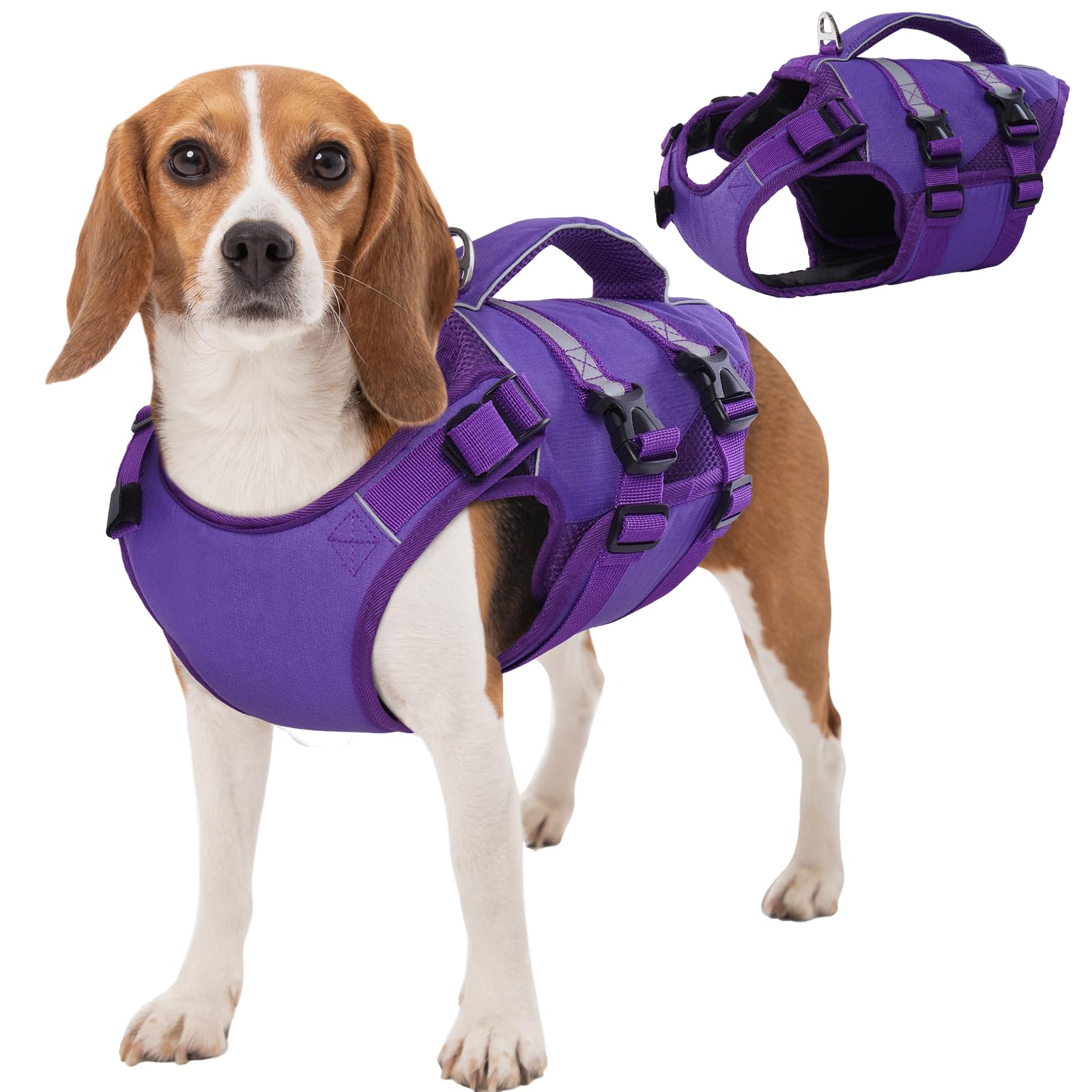 Kuoser Gilet de sauvetage pour chien réglable avec poignée réfléchissant, flottabilité amélioré, violet, taille M