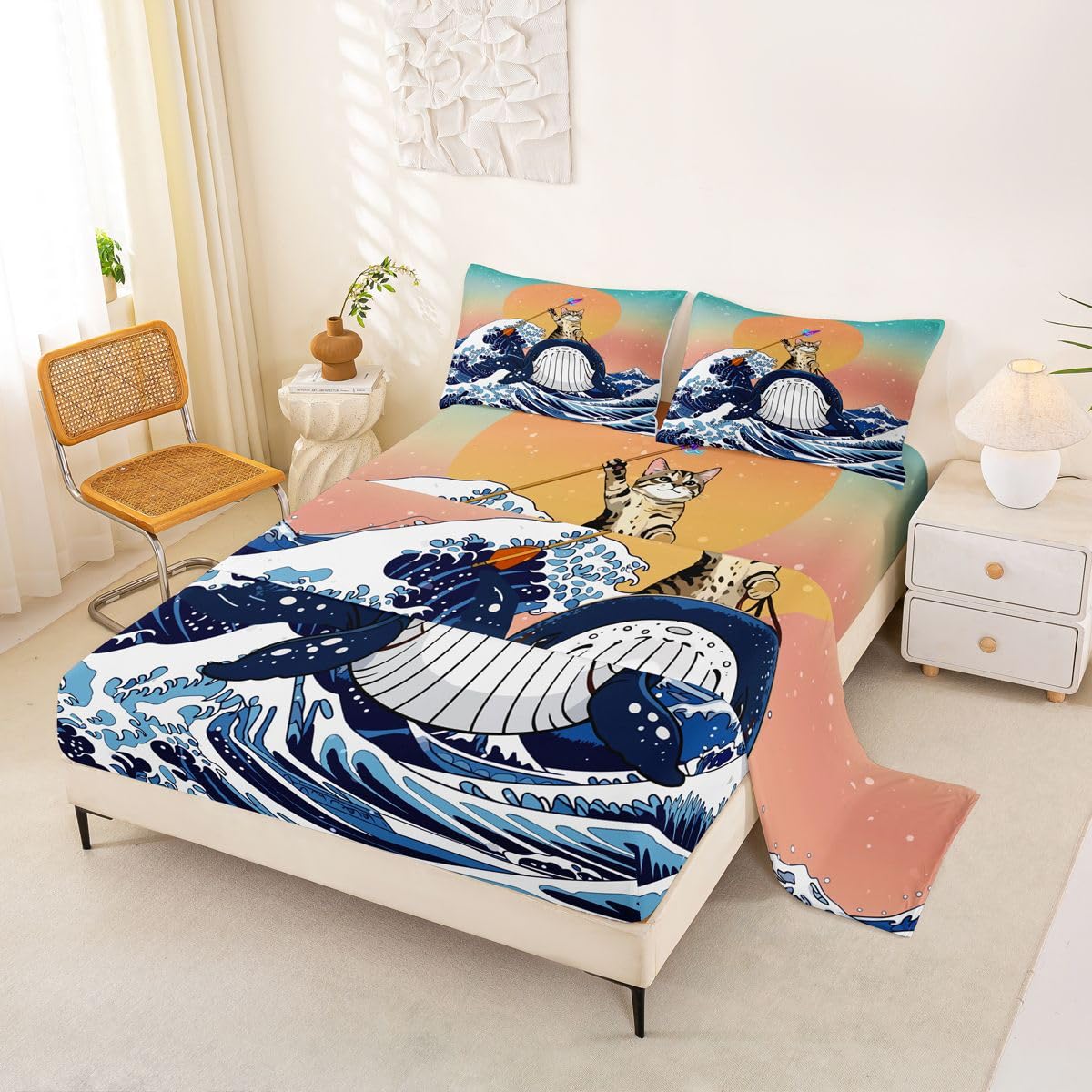 Homewish Wieloryb mały kot zestaw pościeli podwójna zabawa kot brązowe japońskie prześcieradła Ukiyoe zachód słońca ocean fale zestaw pościeli - galaktyka akwarela japońskie prześcieradła z gumką 4