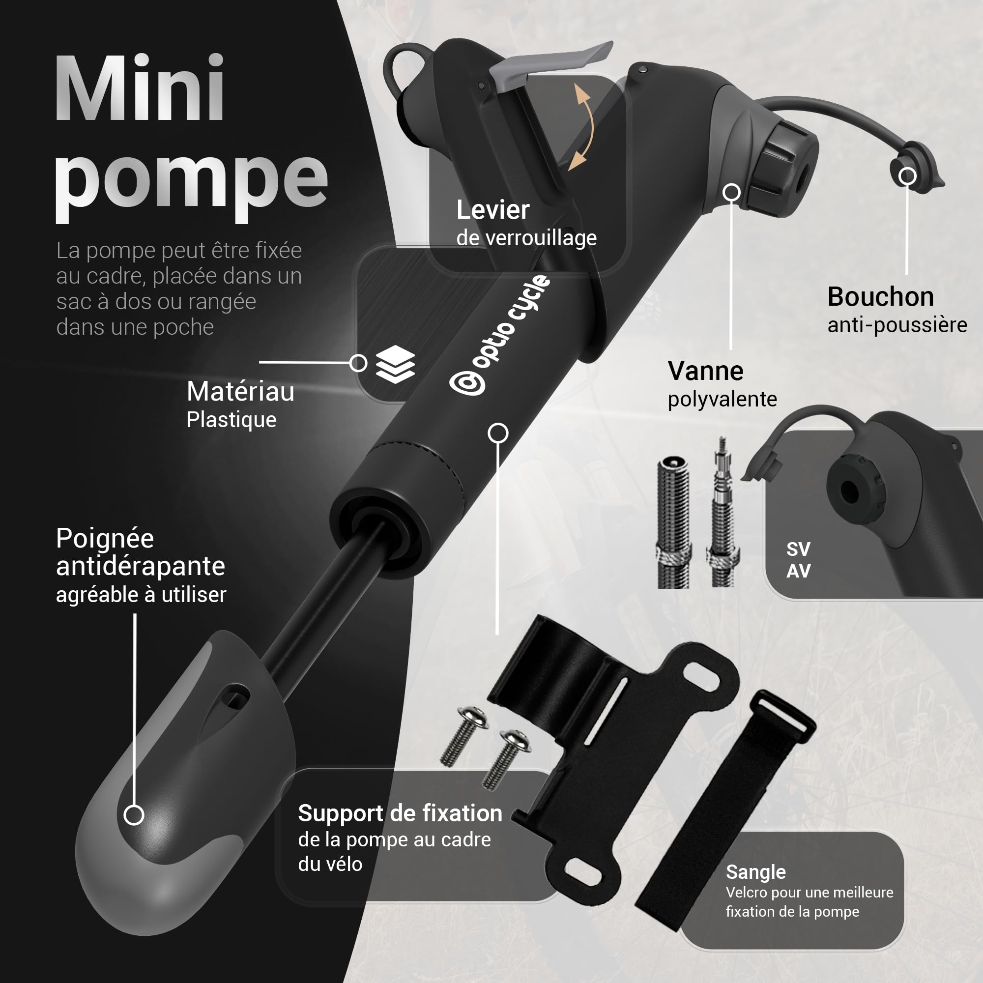 Pompe Velo 120 PSI 8,3 Bar Portable Compacte Manuelle pour Presta et Schrader