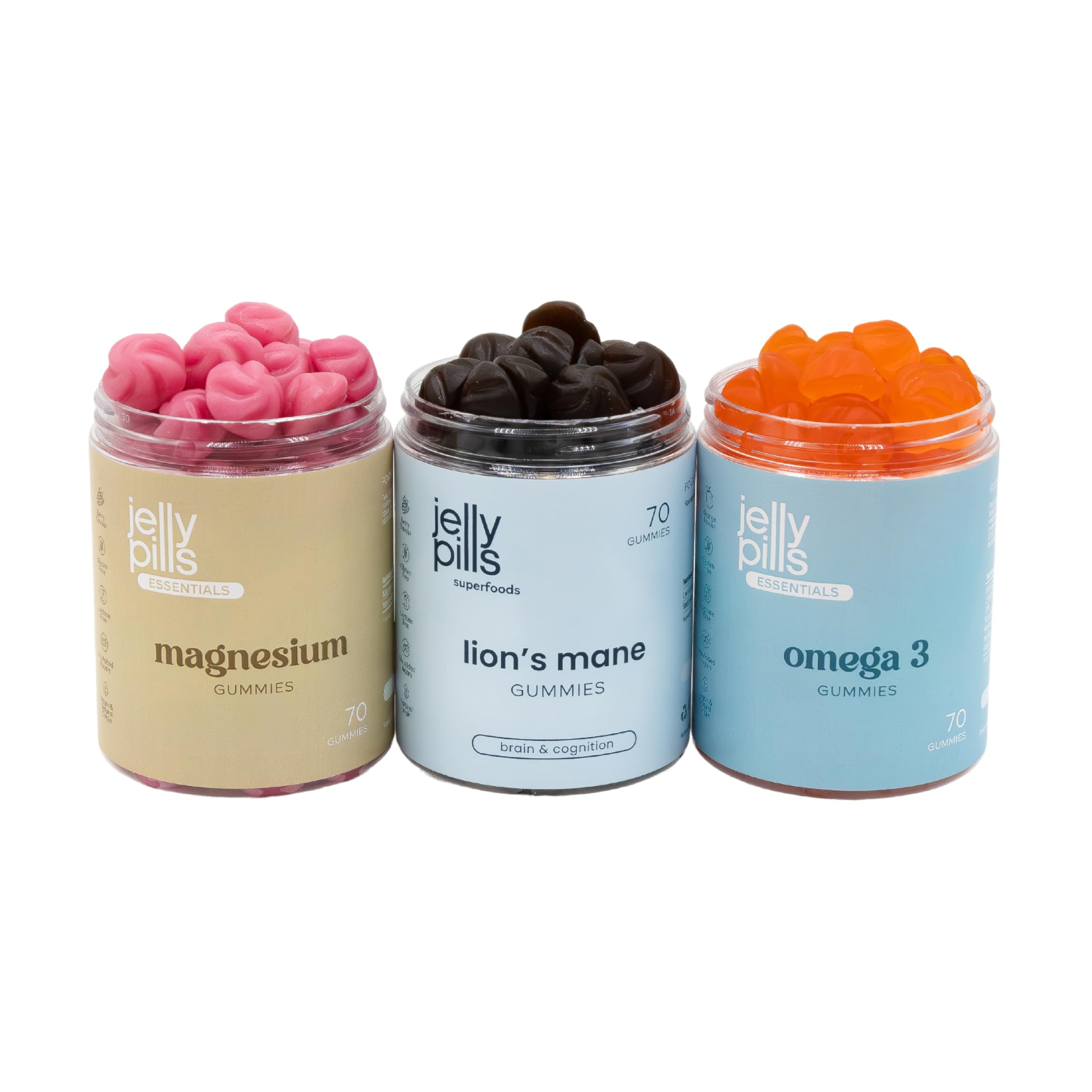 Jelly Pills Pack Energia, Concentrazione & Benessere Quotidiano – Magnesio 180 mg + Omega 3 Vegano DHA + Melena di Leone – 70 + 70 + 70 Gummies Vegane – Senza Zuccheri Aggiunti – Gusto Frutti di Bosco