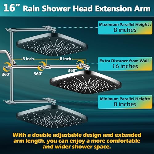 Miniatura 3 de Cabezal de ducha, cabezal de ducha de lluvia de alta presión de 12 pulgadas con brazo de extensión mejorado de 16 pulgadas para un ajuste más