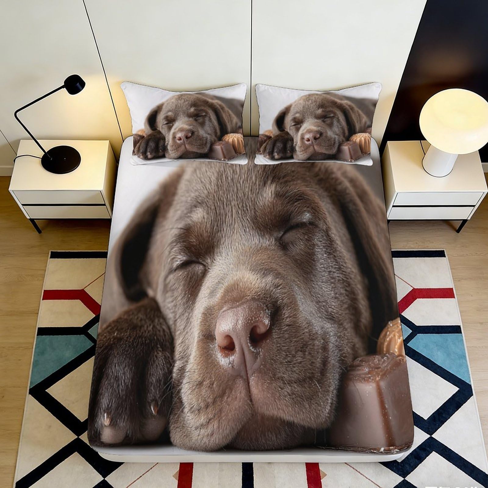 3D Printed Sleeping Puppy Fitted Sheet Microfiber Soft Breathable Chocolate Labrador Bed Cover for Bedroom Dormitory Guest Room Mattress Protection Decor 120x200x25cm