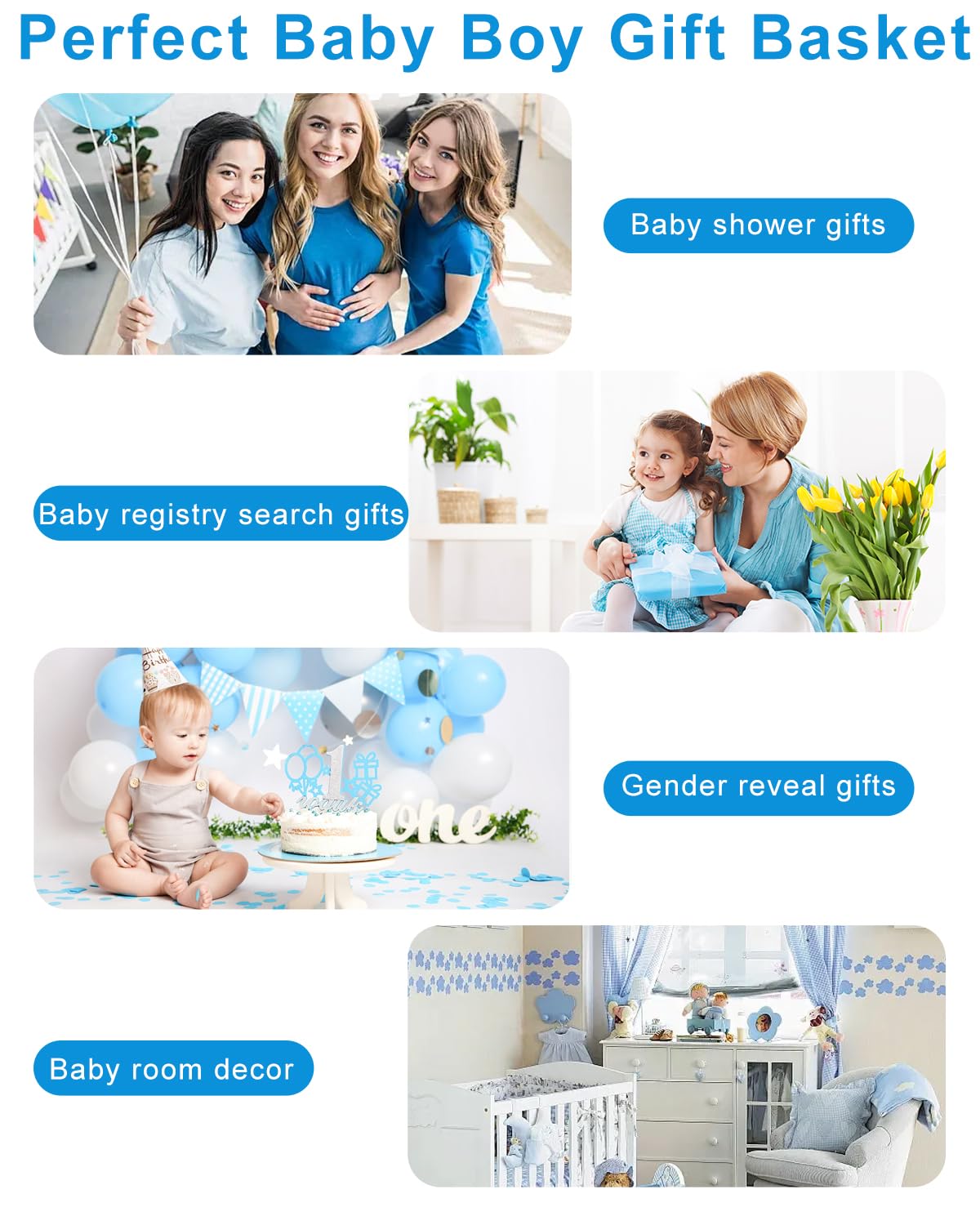 Juego de 22 cestas de regalo para bebé, azul (recién nacido de 0 a 12 meses) | Regalos premium para baby shower para niños: juego esencial para recién nacidos en cesta tejida con globo y lazo