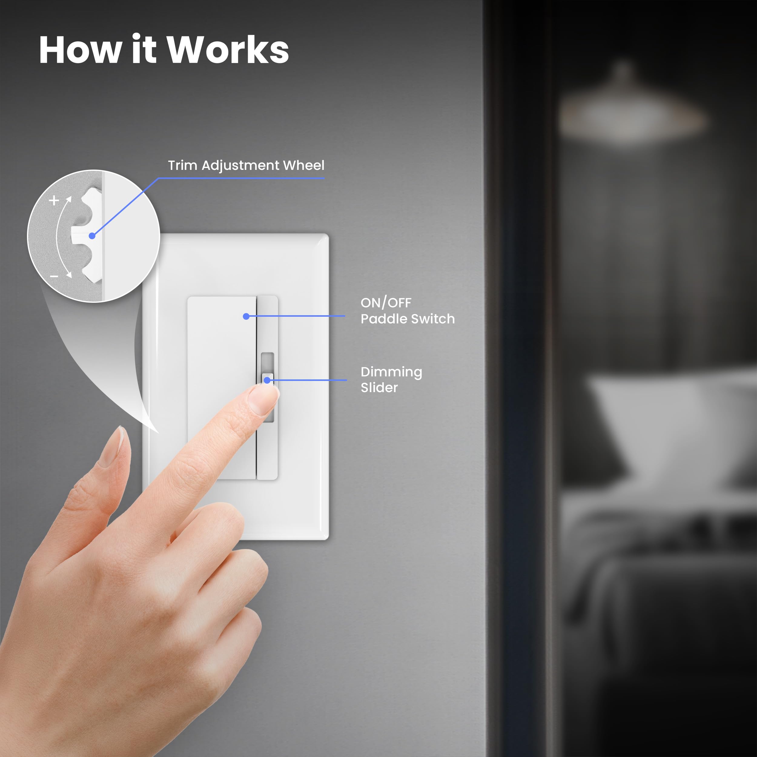 Feit Electric 2 interruttori dimmer per lampadine a LED dimmerabili, interruttore a levetta singolo o 3 vie, piastra a muro e montaggio dadi metallici, DIM/Paddle/2