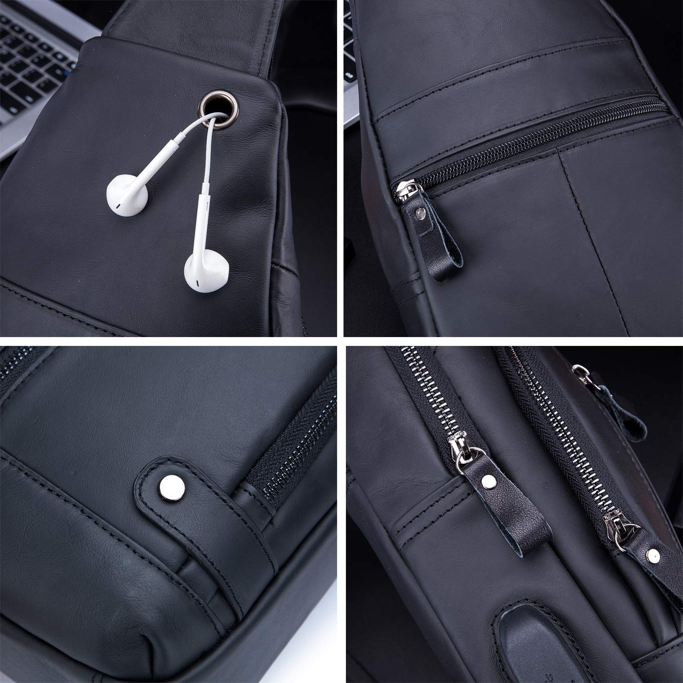 SIDNAZ Herren Echtleder Brusttasche Brustbeutel Leder Schultertasche Schulter Rucksack Reisetasche Crossbody DE915 Schwarz
