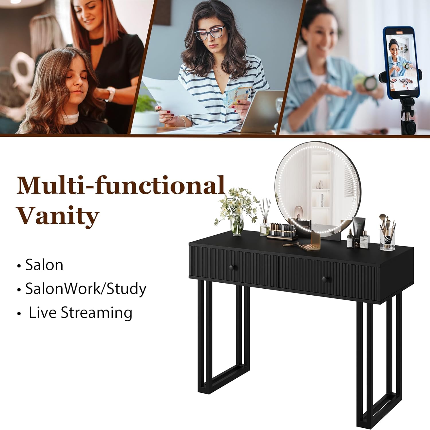GarveeHome Black Vanity Desk with Mirror and Lights, Small Makeup Vanity with 2 Drawers, Modern Vanity Organizer with 3 Color Lights＆Adjustable Brightness, Dressing Table for Bedroom