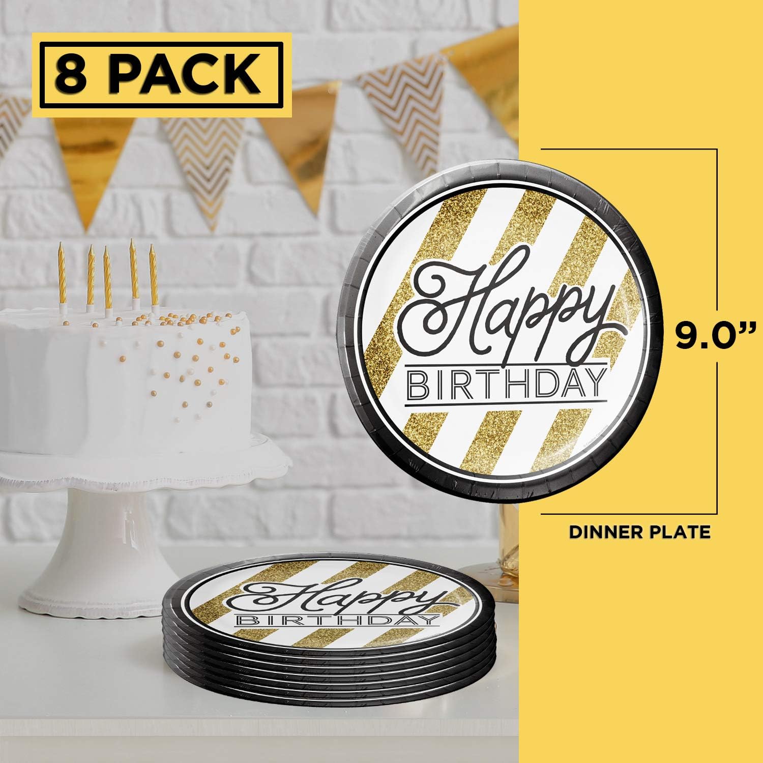 Creative Converting Black & Gold 90th Birthday Birthday Party Bundle - Centerpiece, Large 6.5" Napkins, Dinner & Dessert Plates