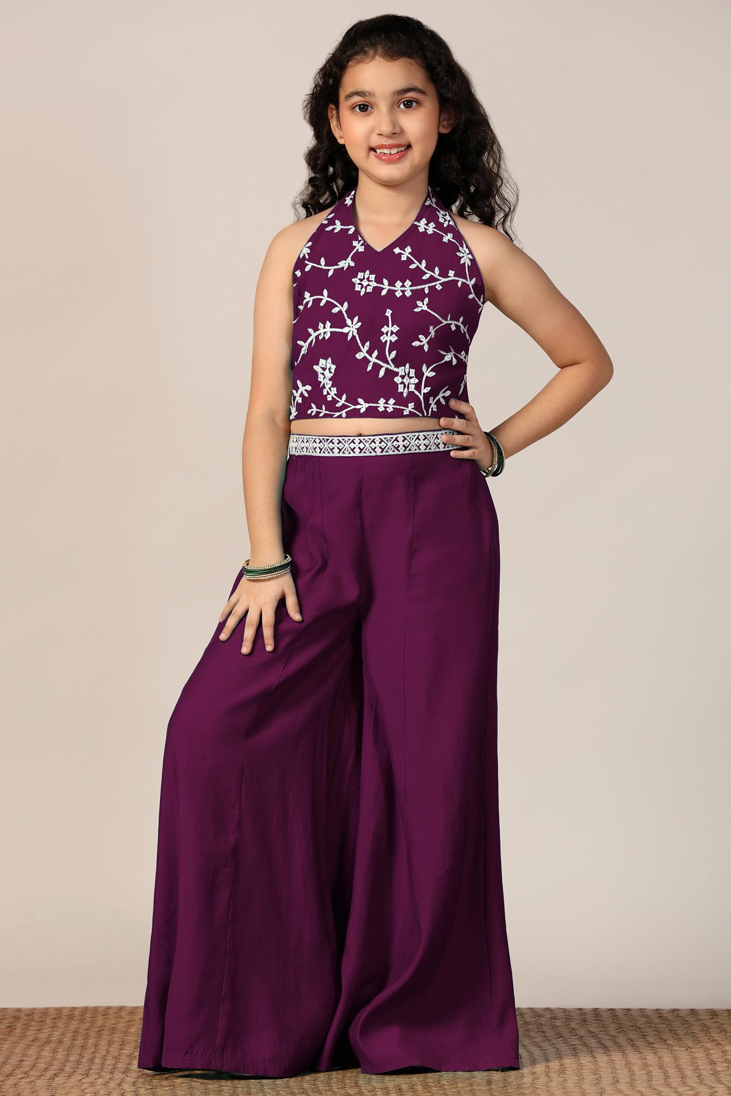 Fashion Dream Girl's Silk Blend Ethnic Top and Palazzo Set|Kids Salwar Suit Set|Embroidered Suit for Girls|Indo Western Set|Salwar Suit Set for Girls (FDGSET00509 WIN 24_Wine_5-6 Years) - Image 5 thumbnail