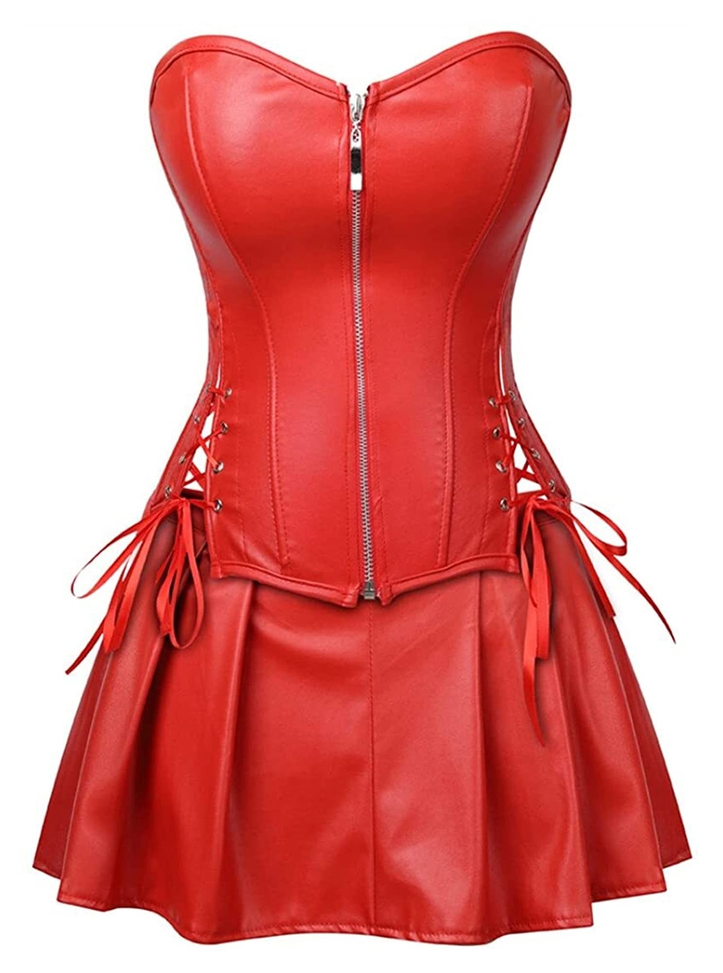 Corset en simili cuir punk rock pour femme avec jupe rétro goth ceinture cincher basque bustier, Rouge, L