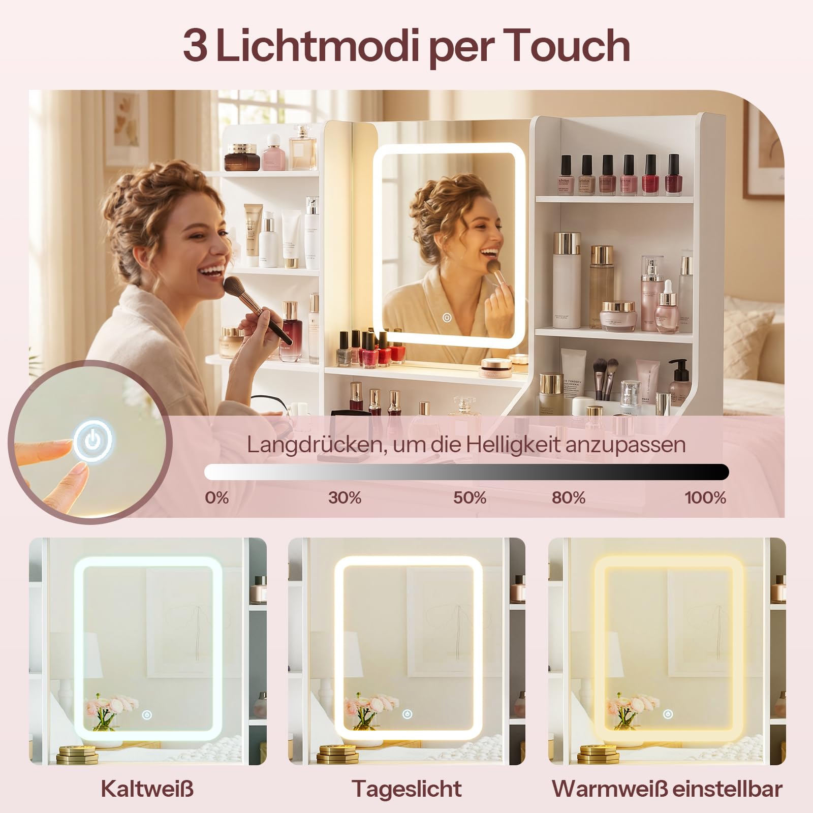 HOOBRO Schminktisch mit Ladestation (2X Steckdose, 1x USB-A, 1x Typ C), Schminktisch mit LED-Licht, 7 Schubladen, 5 offenen Fächern, inkl. Spiegel, für Schlafzimmer, Ankleidezimmer, Weiß