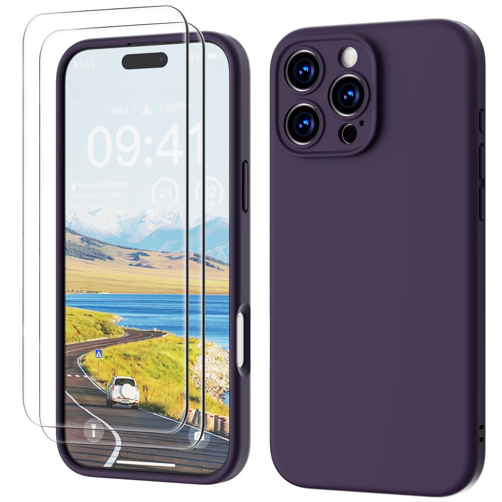 GOODVISH 3 in 1 Silicone Cover per iPhone 16 Pro Max 6.9", Custodia con 2 Pellicola Vetro Temperato [Protezione Fotocamera] Protezione Anticaduta Case per Cellulare Antiurto Resistente, Viola Scuro