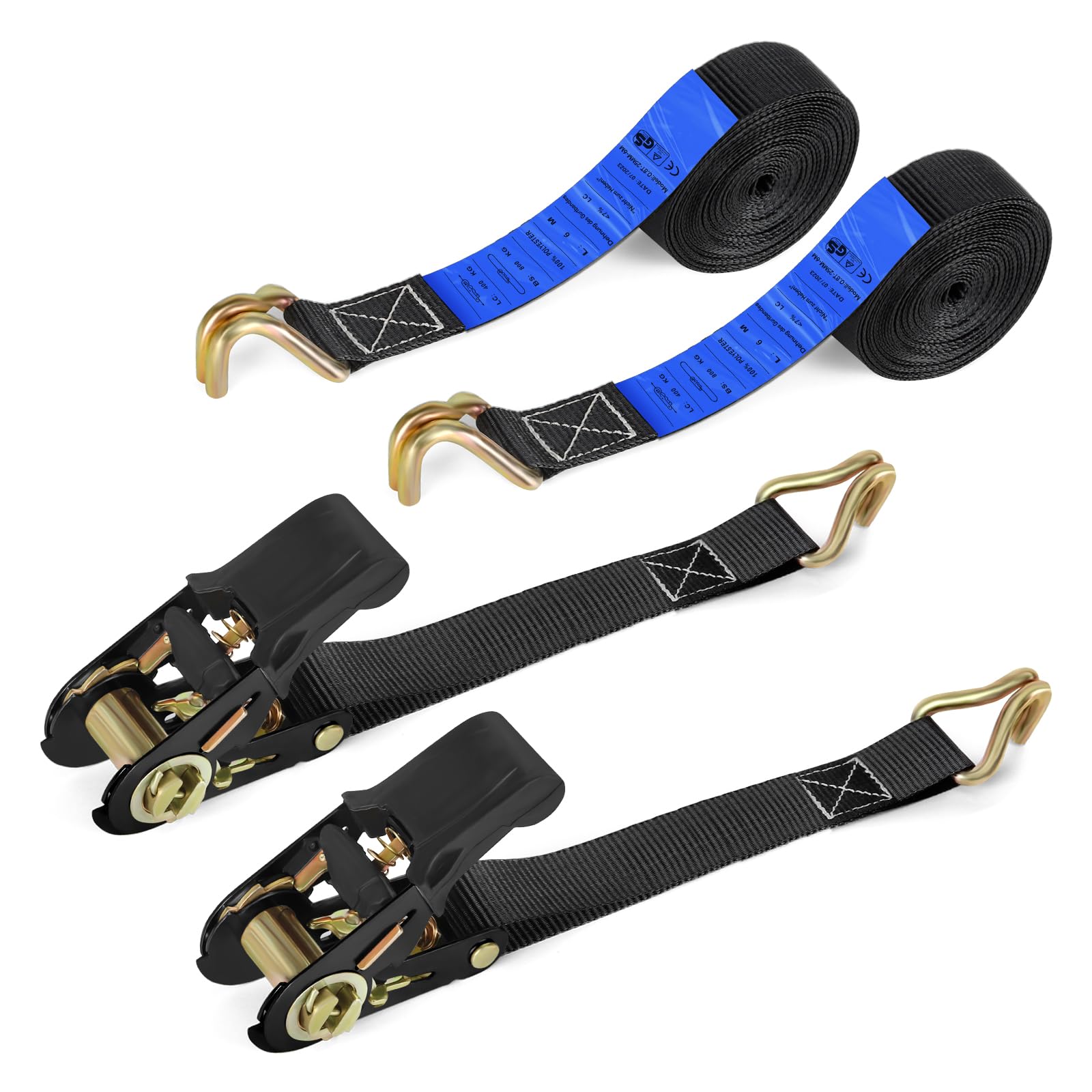 IAZZCO Tie Down Straps with Ratchet and Hook - 6 m x 25 mm TÜV/GS Certified Ratchet Straps with Cam Buckle for Motorcycles, Cars, Trailers, Household (Black/Pack of 2)