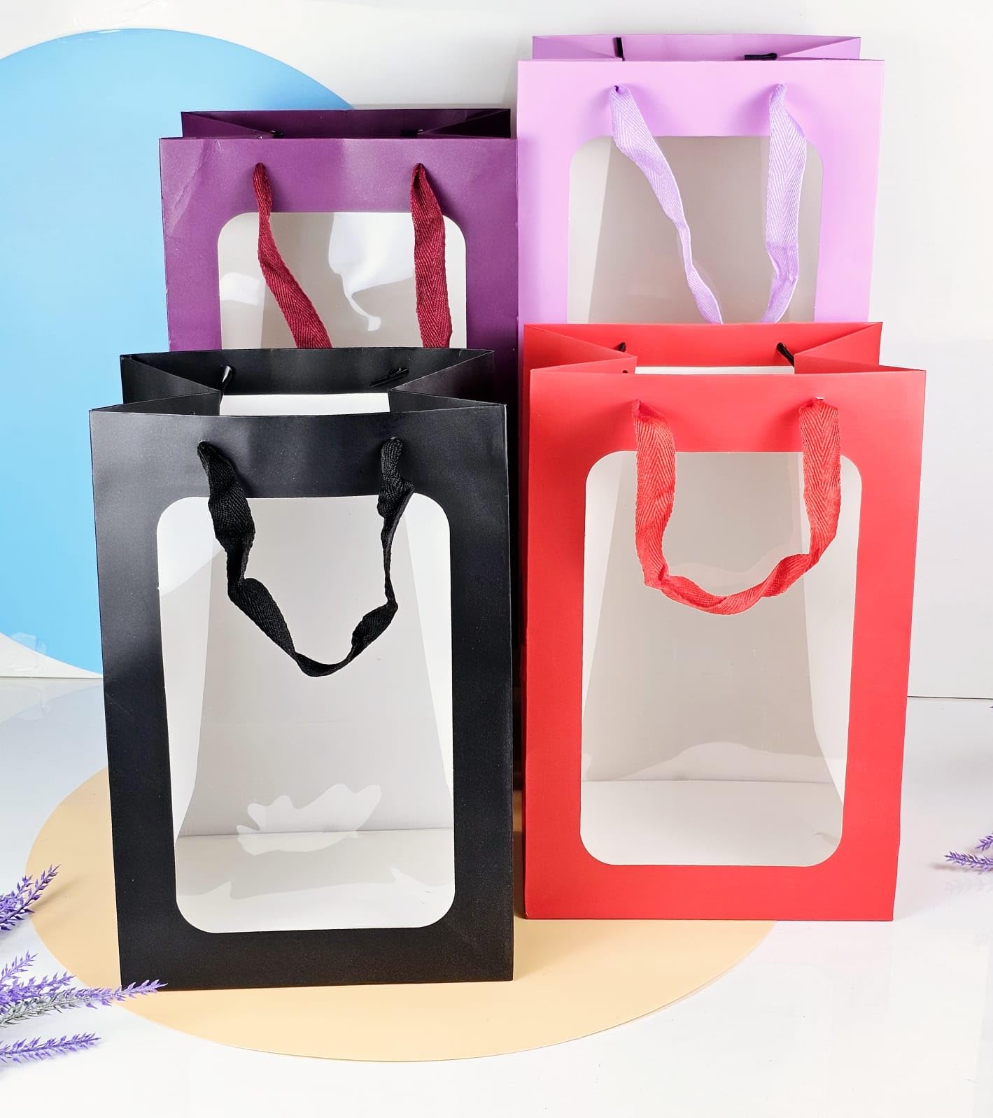 SATYAM KRAFT 4 Pcs Random Color Transparent Window Bag Goodie Bags With Handle Bag,Hamper Bag,Carry Bags,Shopping Gift Bag,Christmas Gifting,Presents,Return Gifts,Birthday,Wedding,Festivals(Medium, Multicolor) (B0D7CXN3RG) Amazon Price History, Amazon Price Tracker