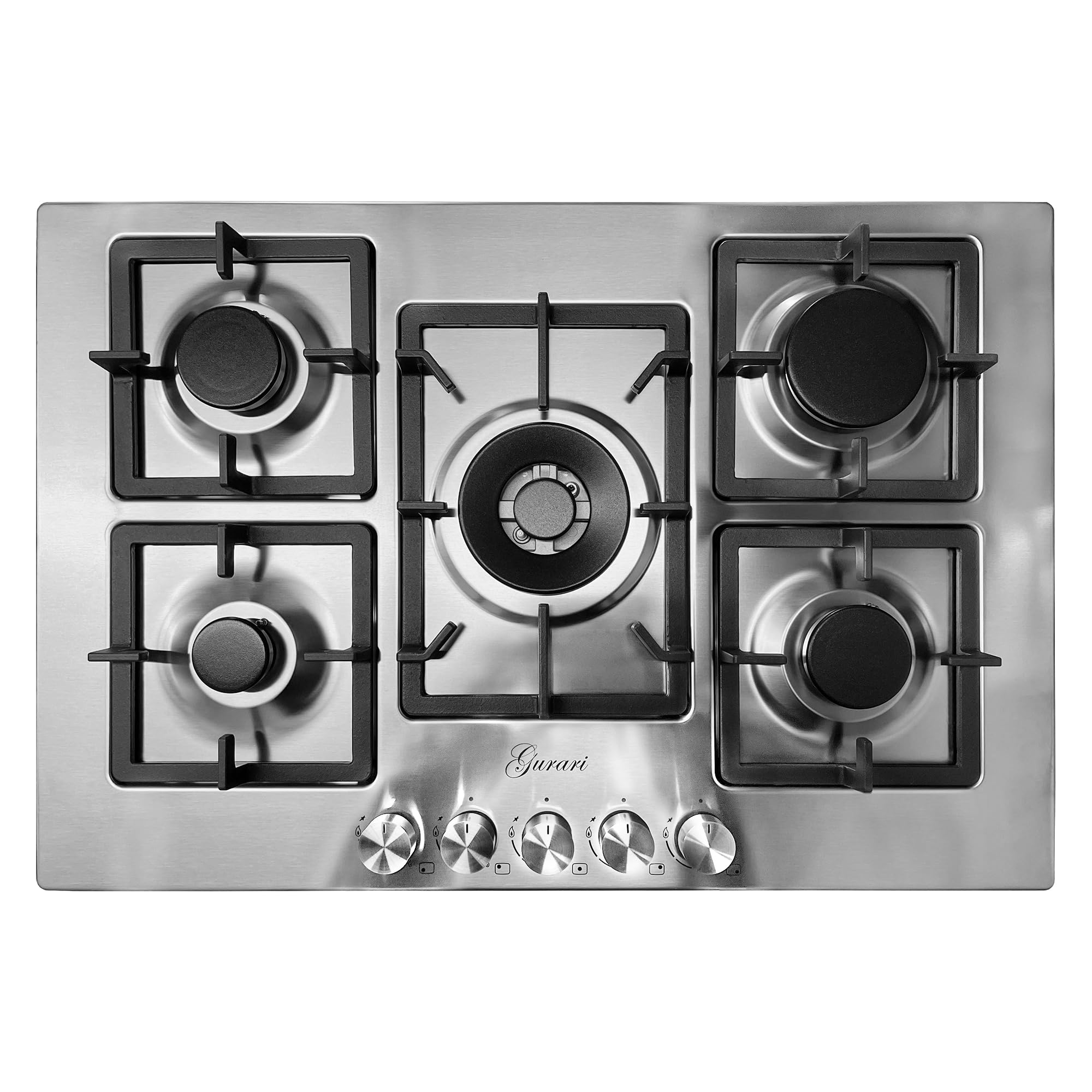 Gurari GCH FQ755VTGC - Placa de cocina (75 cm, acero inoxidable, 4,0 KW WOK, 5 quemadores de gas, FL.Gas
