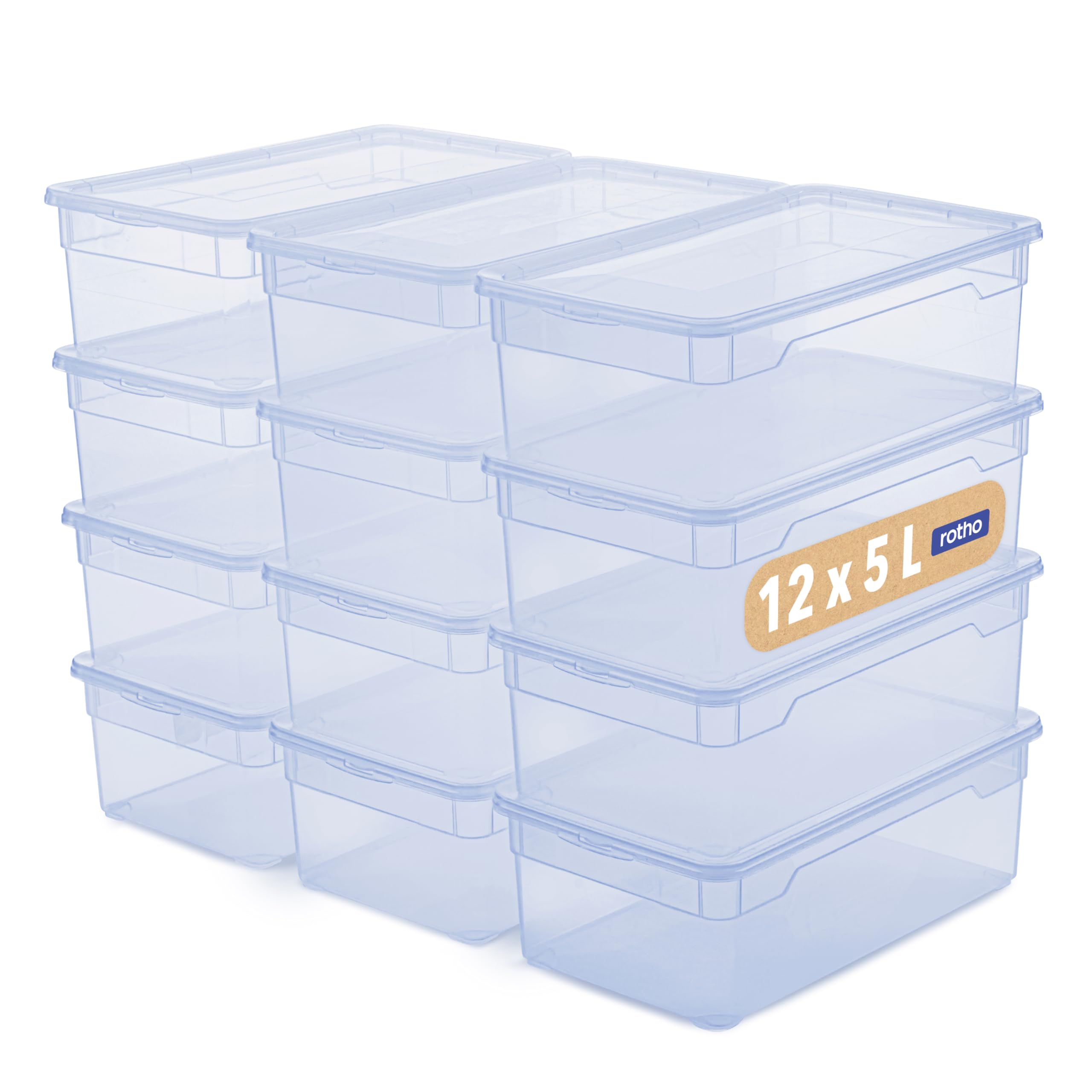 Rotho CLEAR Box zestaw 12 pojemników do przechowywania 5 l z pokrywką, zajmuje mało miejsca, możliwość układania w stos, 33 x 19 x 11 cm, przezroczysty, niebieski