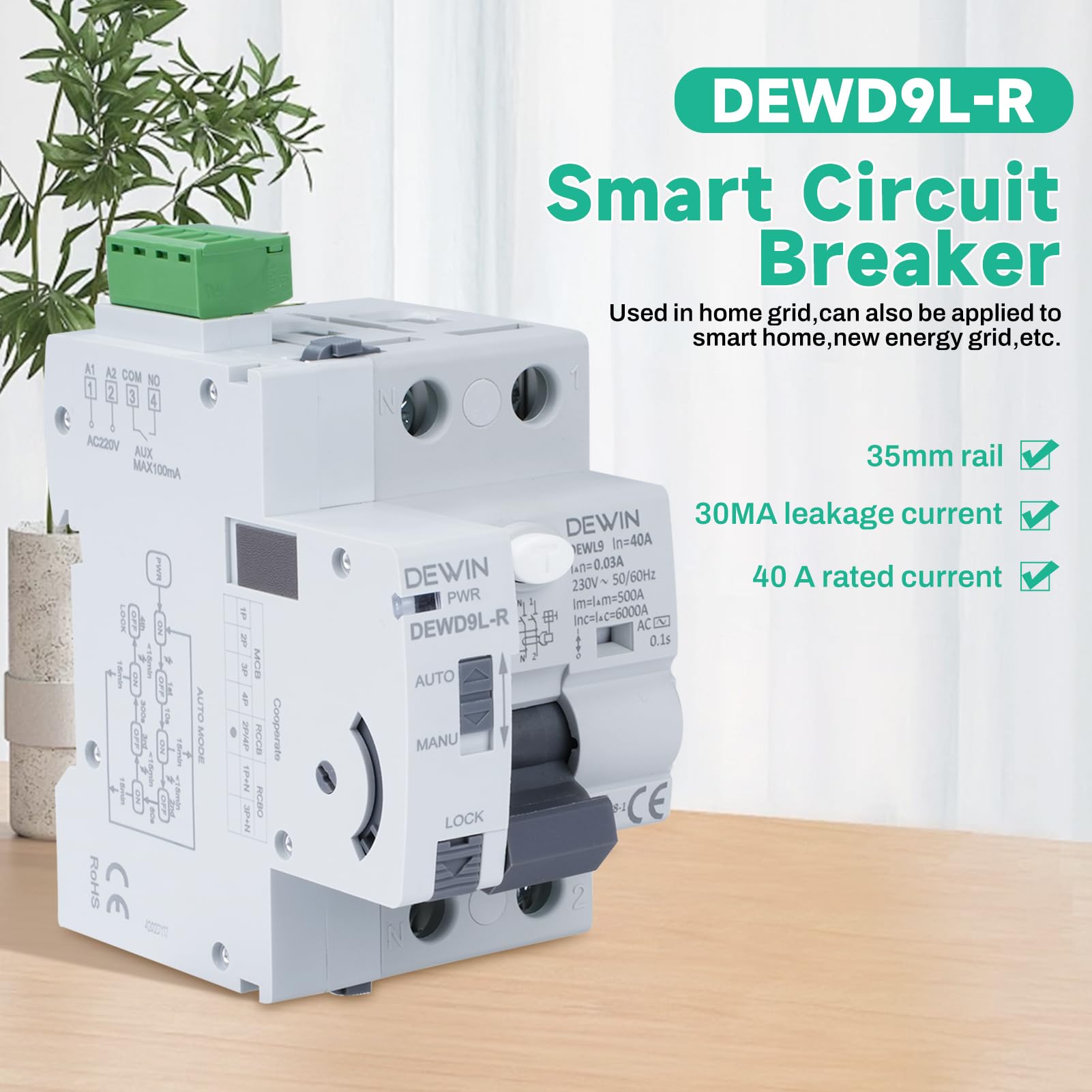 Interruttore Magnetotermico Differenziale 2Poli Salvavita con Riarmo Automatico, Differenziale Riarmo Automatico RCCB Interruttore differenziale AC220V 40A 30mA DEWD9L-R