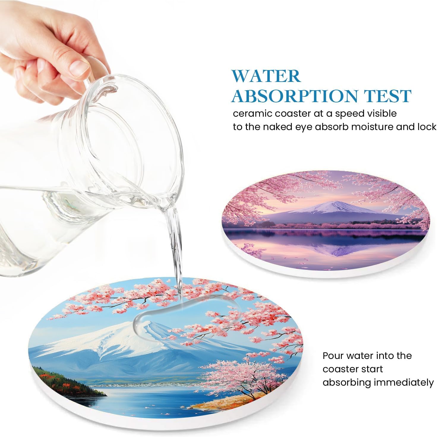 Japanese Cherry Blossom and Fujiyama Mountain Landscape Coasters Set of 6 for Drinks,Round Absorbent Ceramic Stone Coaster with Metal Holder and Cork Base for Coffee Party Home Decor Gifts - Image 4