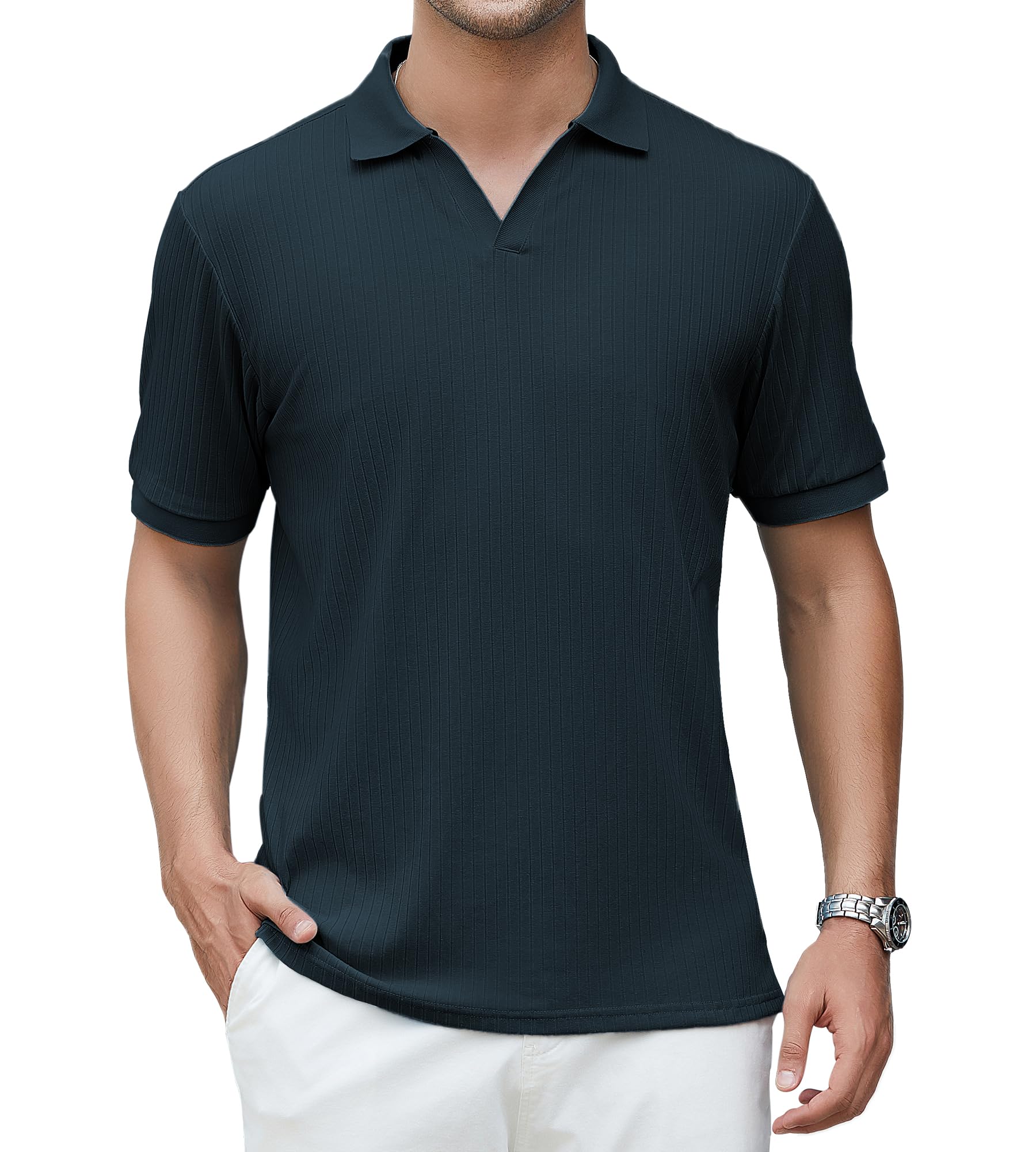 Alex VandoMen's Knit Polo Shirts V Neck Casual Short Sleeve Regular Fit Ribbed Textured Knit Golf Polo Shirts for Men