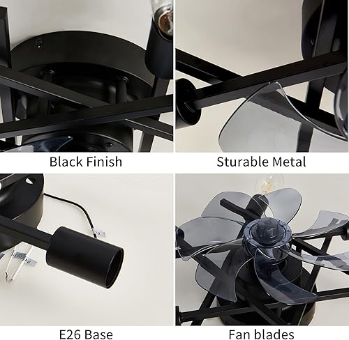 Miniatura 8 de ASGYISA Ventilador de techo semiempotrado de perfil bajo con luz 6 luces industrial negro vintage mate ventilador con luces control remoto para casa