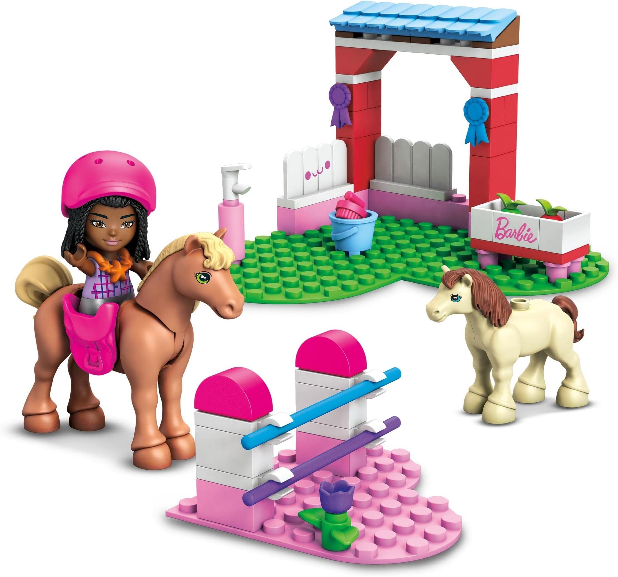 MEGA Barbie Horse Jumping Building Set - Includes 68 Building Blocks - 1 Micro-Doll, Horse & Pony - 3 Fashion Items - Stable Props - Gift for Kids 4+ - HDJ84