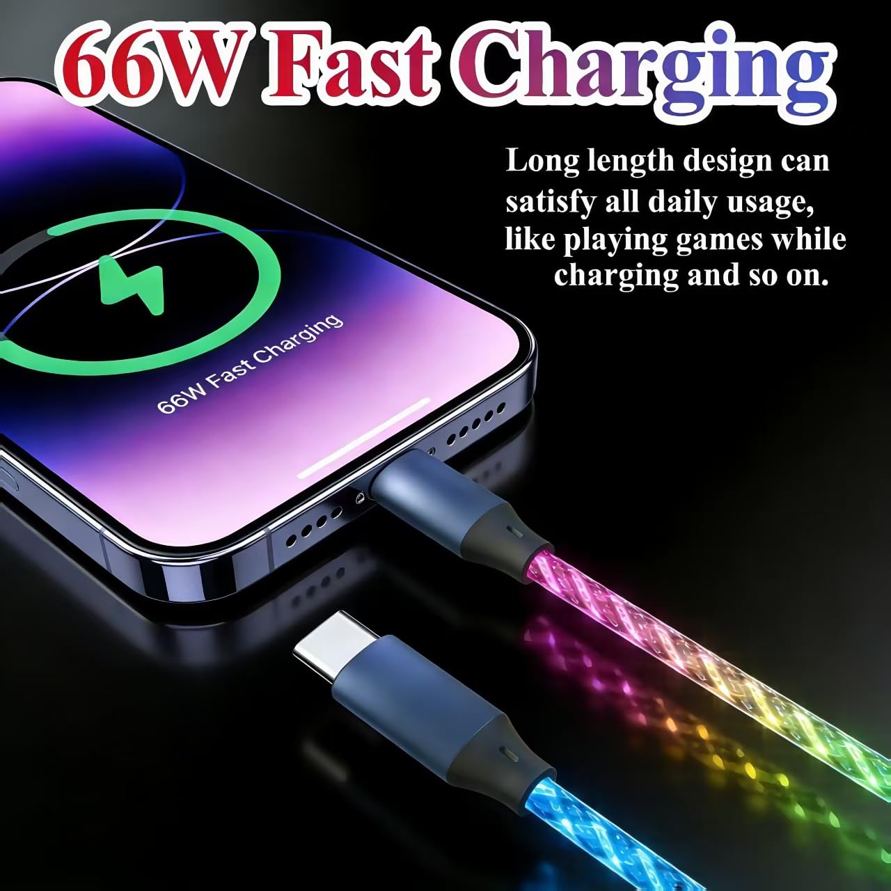 10FT Type C LED Light Up Charging Cable 66W Starry USB C to C Charger Lighted Fast Charging Cord RGB Flowing Light Up Charger Cord Compatible with iPhone 17/16/15/Samsung Galaxy S23 S22 More
