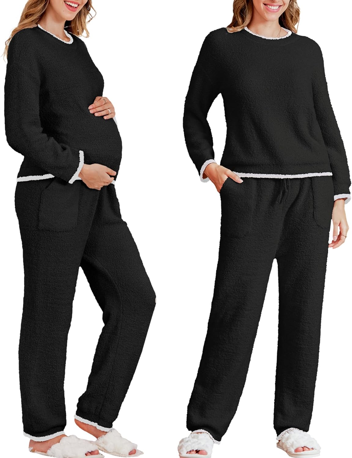 V FOR CITY Maternity Pajamas Fleece Postpartum 2 Piece Lounge Set Women Comfy Pockets Color Block Long Sleeve Cozy Fall