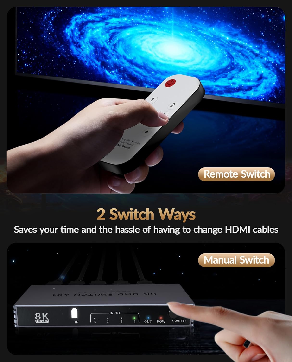 HDMI Splitter 4K 240Hz HDMI Switcher 4 in 1 Out - 8K60Hz 4K240Hz Hdmi Switch with Remote HDR10+ HDMI2.1 3D CEC HDR HDCP2.3, Add Extra hdmi Ports for TV PS5/4/3 Xbox DVD Player Nintendo PC Fire Stick