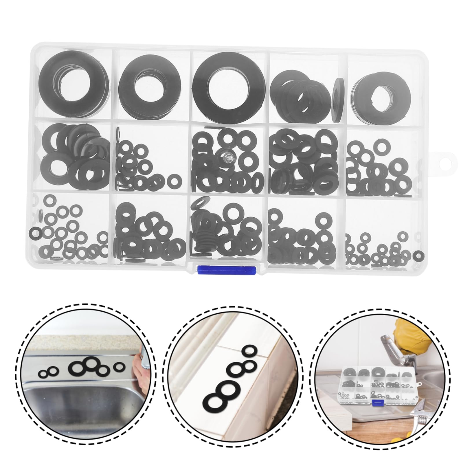 OSALADI Guarnizioni Rubinetto 215 Pezzi, Rondella di Tenuta in Plastica Nera, Assortimento Piatto e Smussato per Lavandino Bagno e Cucina, Riparazione Perdite