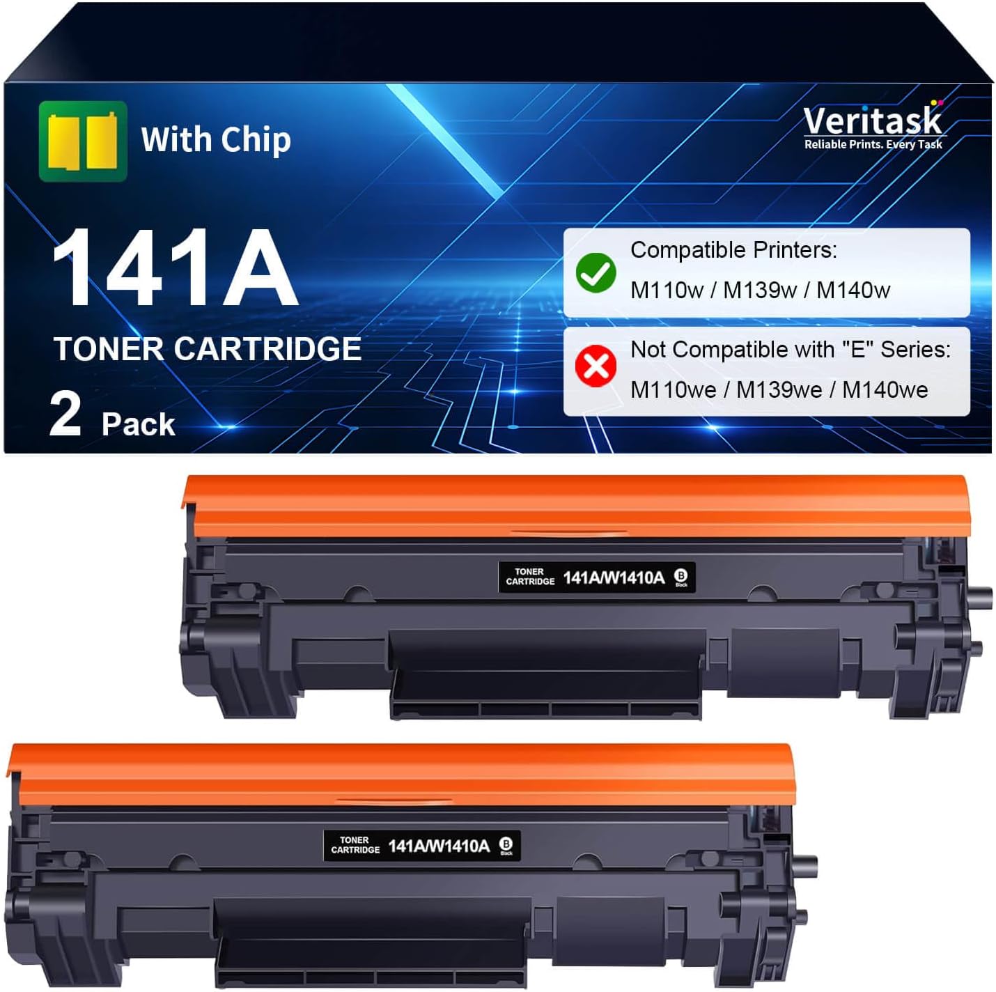 141A Toner Cartridge Black 2 Pack with Chip W1410A Toner Replacement for HP 141A W1410A 141X W1410X Toner Cartridge Compatible with LaserJet Pro M110w MFP M140w M139w Printers