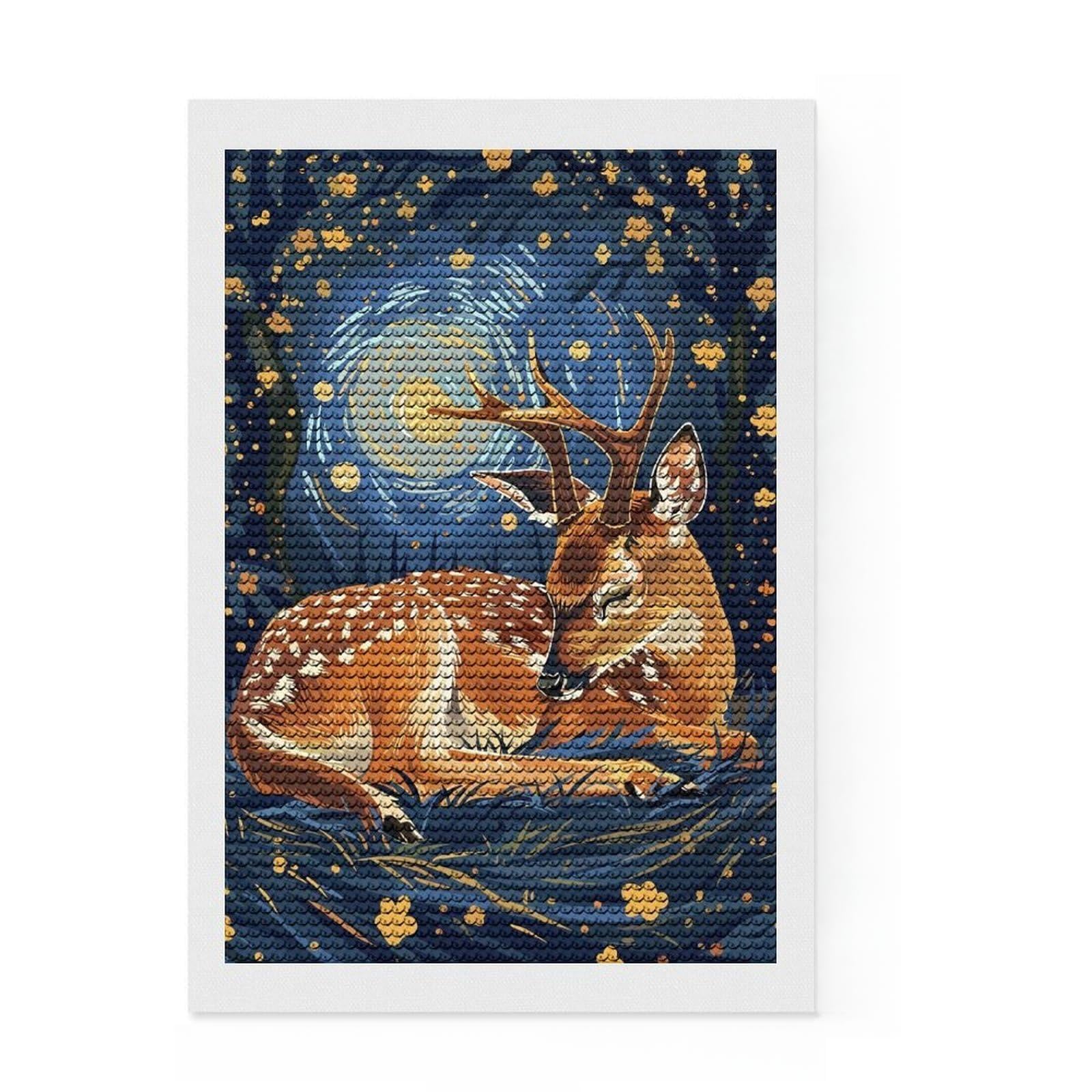 Junmoney Resting Deer in Starry Night Diamond Painting Canvas Set 8"x12", for Beginners, Nice Detail and Sparkle, Farmhouse Decor, Festive Craft Gift