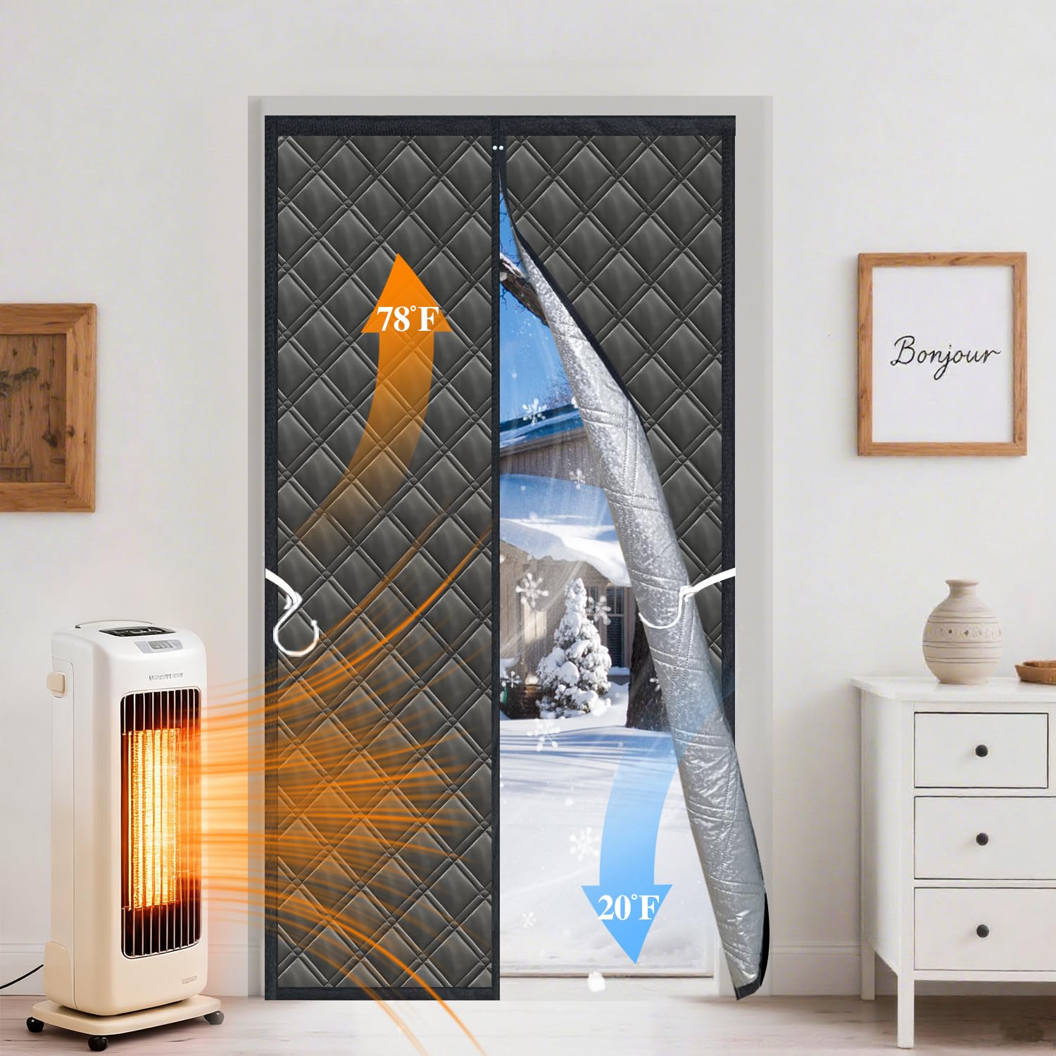 Aozzy Thermal Insulated Door Curtain 38 * 83" 3 Layers Thickened Heavy Curtains for Winter Made of Oxford,Cotton &Aluminium foil,Windproof Soundproofing Front Door Curtain for Winter Black