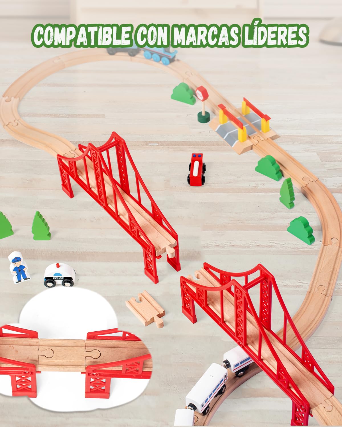 Tren Madera Tren Juguete Accesorios Accesorios para Vías de Ferrocarril Tren de Doble Puente Colgante Trenes de Juguetes para Niños 3-5 Años