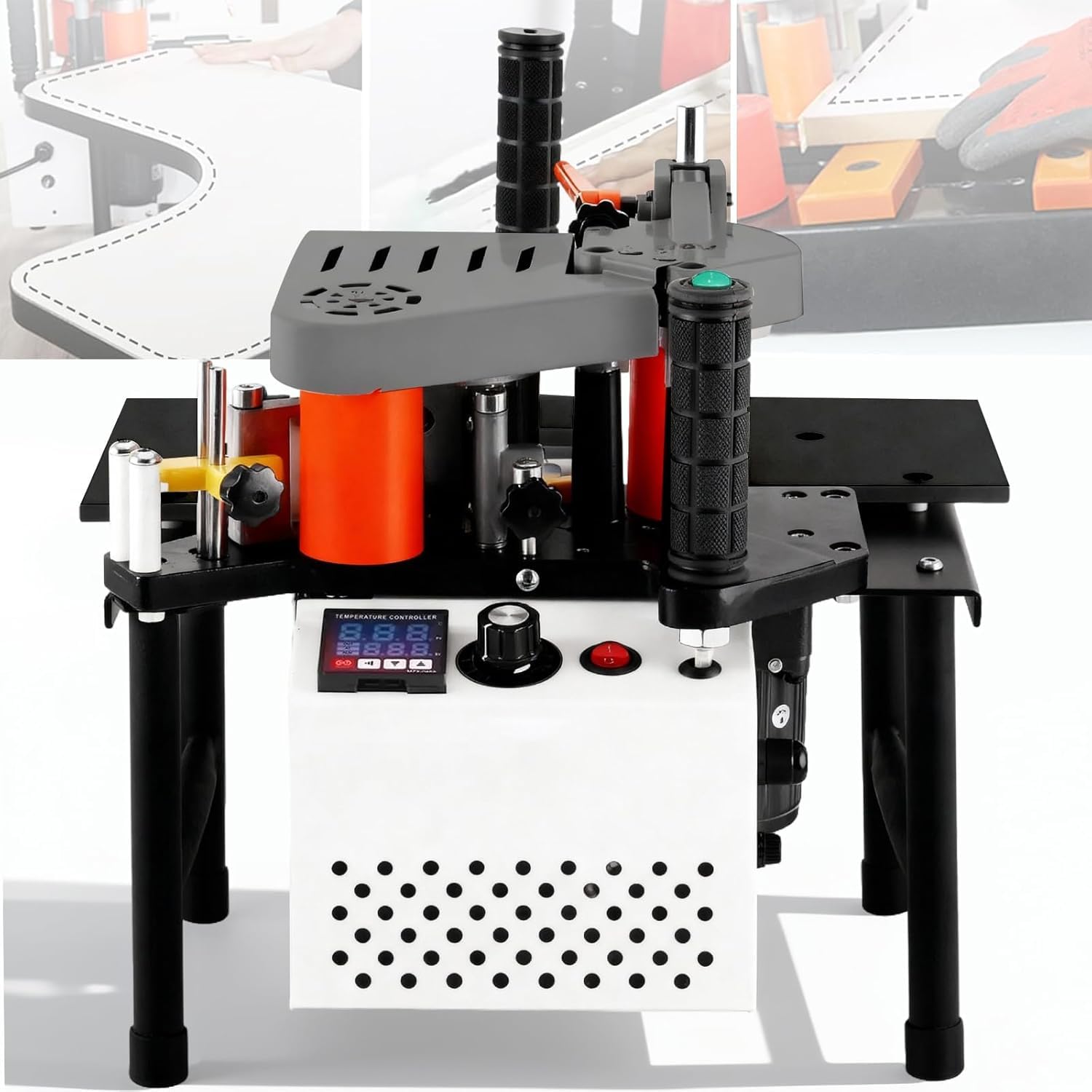 KACBFEE Portable Edge Bander For Woodworking, Adjustable Speed 5-10m/min, Dual-sided Glue Coating, Ideal For Curved & Straight Edges, Compact & Efficient