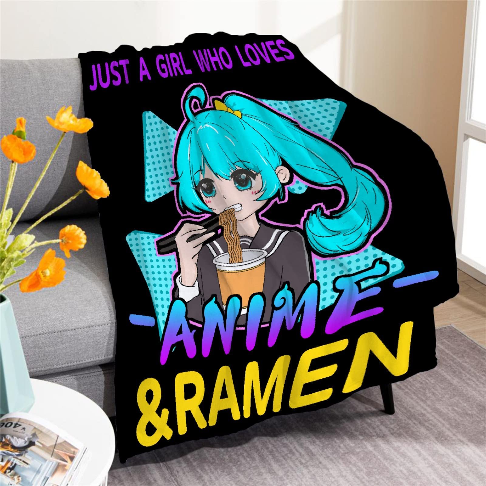 Padumuttara Girls Just A Who Loves Anime&Ramen Blanket Flannel Throw Lightweight Super Soft Cozy Luxury Family Bed Blanket Birthday Gift Microfiber 80"X60"For Adult