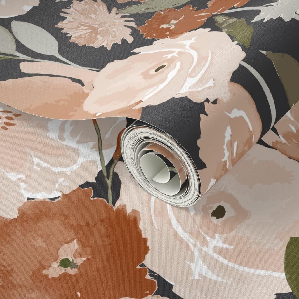 Spoonflower Peel & Stick Wallpaper 3ft x 2ft - Peach Pink Poppy Flower Copper Garden Floral Summer Watercolor Custom Removable Wallpaper